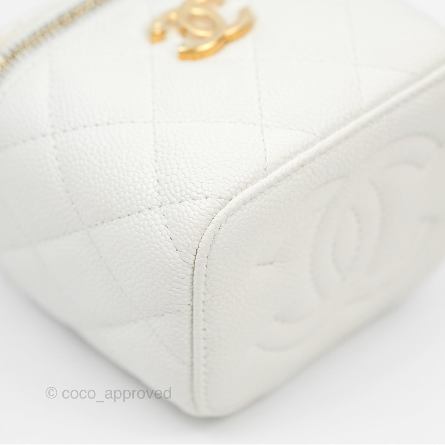Chanel Quilted Heart Crush Mini Vanity With Chain White Caviar Aged Gold Hardware
