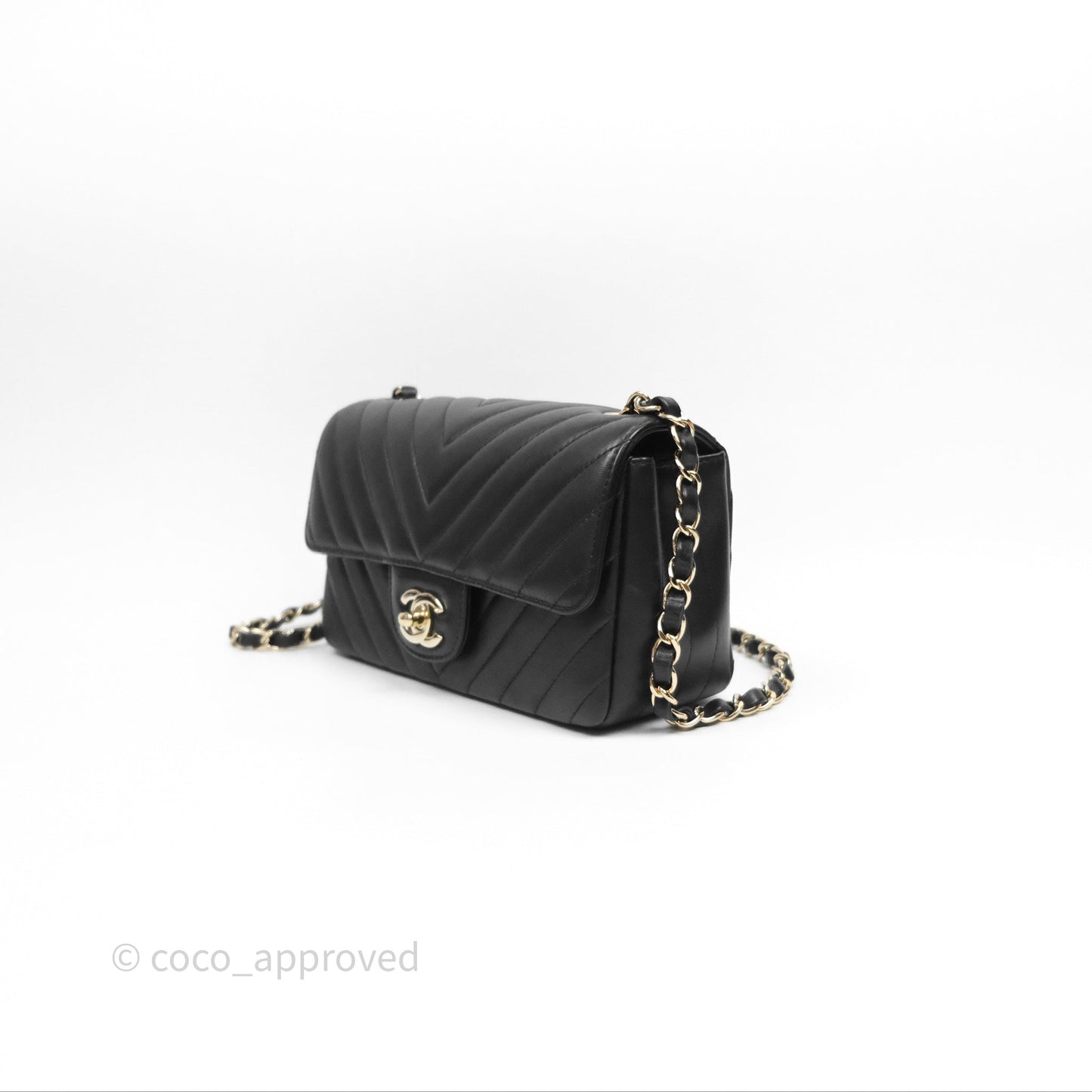 Chanel Quilted Mini Rectangular Chevron Black Lambskin Gold Hardware