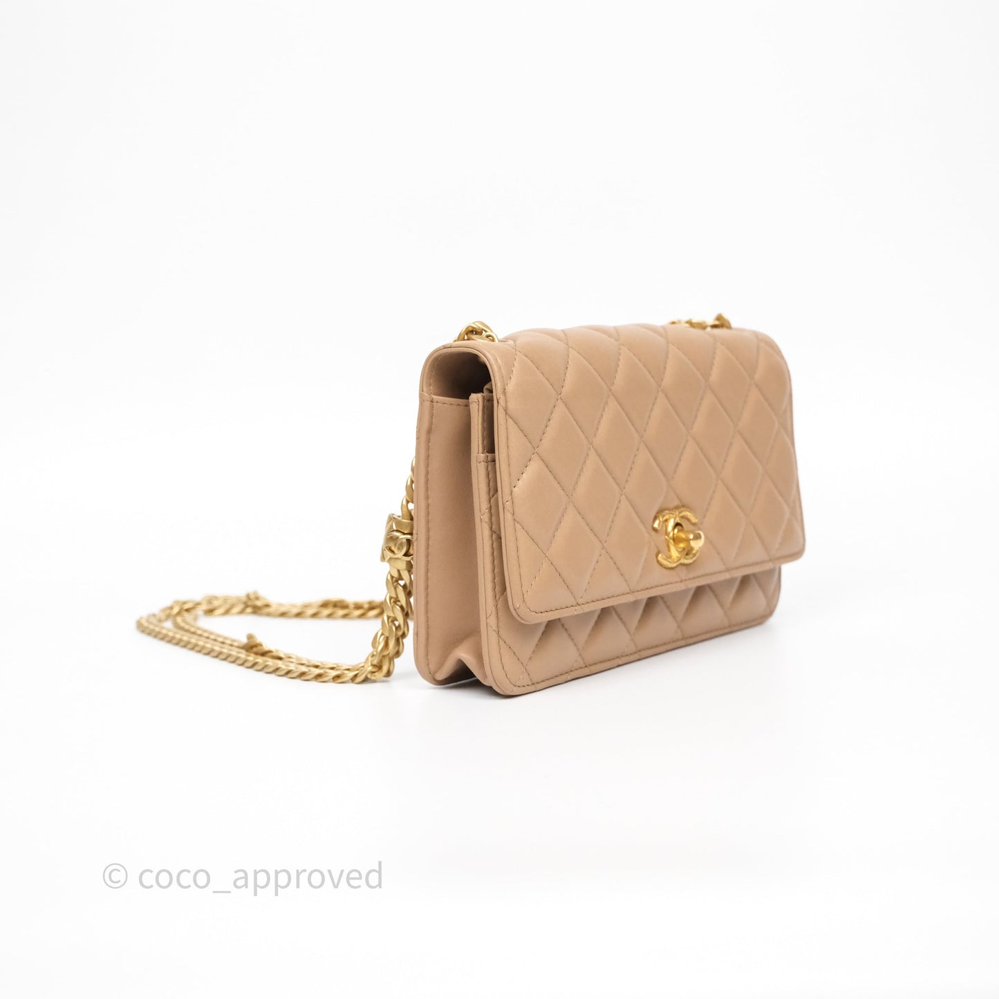 Chanel All Slide Wallet on Chain WOC Adjustable Chain Quilted Beige Lambskin