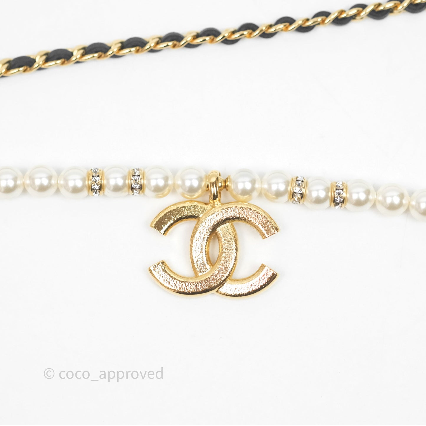 Chanel CC Pearl Crystals Double Necklace Gold Tone 24K
