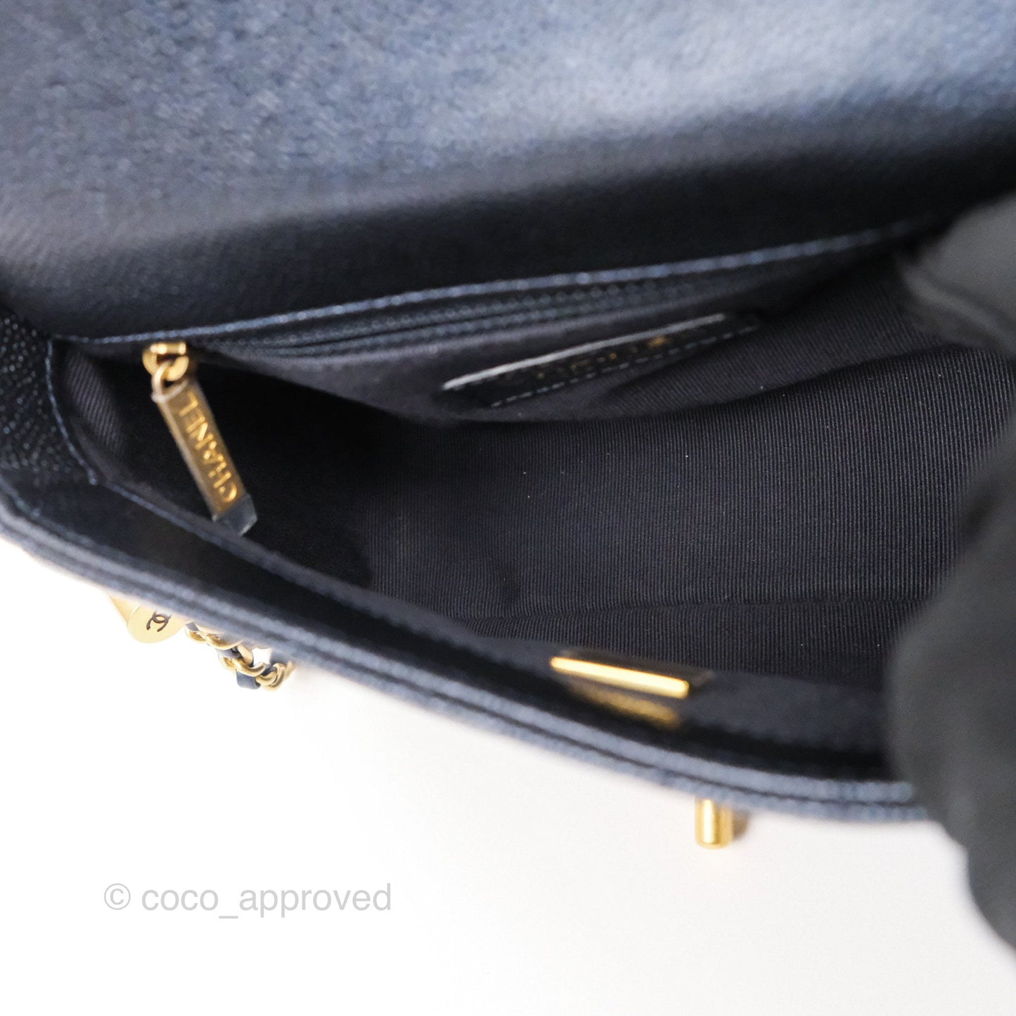 Chanel My Perfect Mini Flap Quilted Iridescent Navy Caviar Aged Gold Hardware
