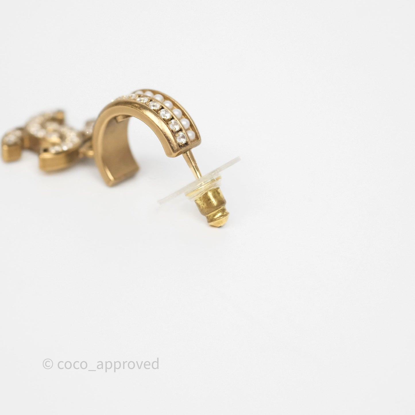 Chanel CC Crystal Pearl Hoop Earrings Gold Tone 21C