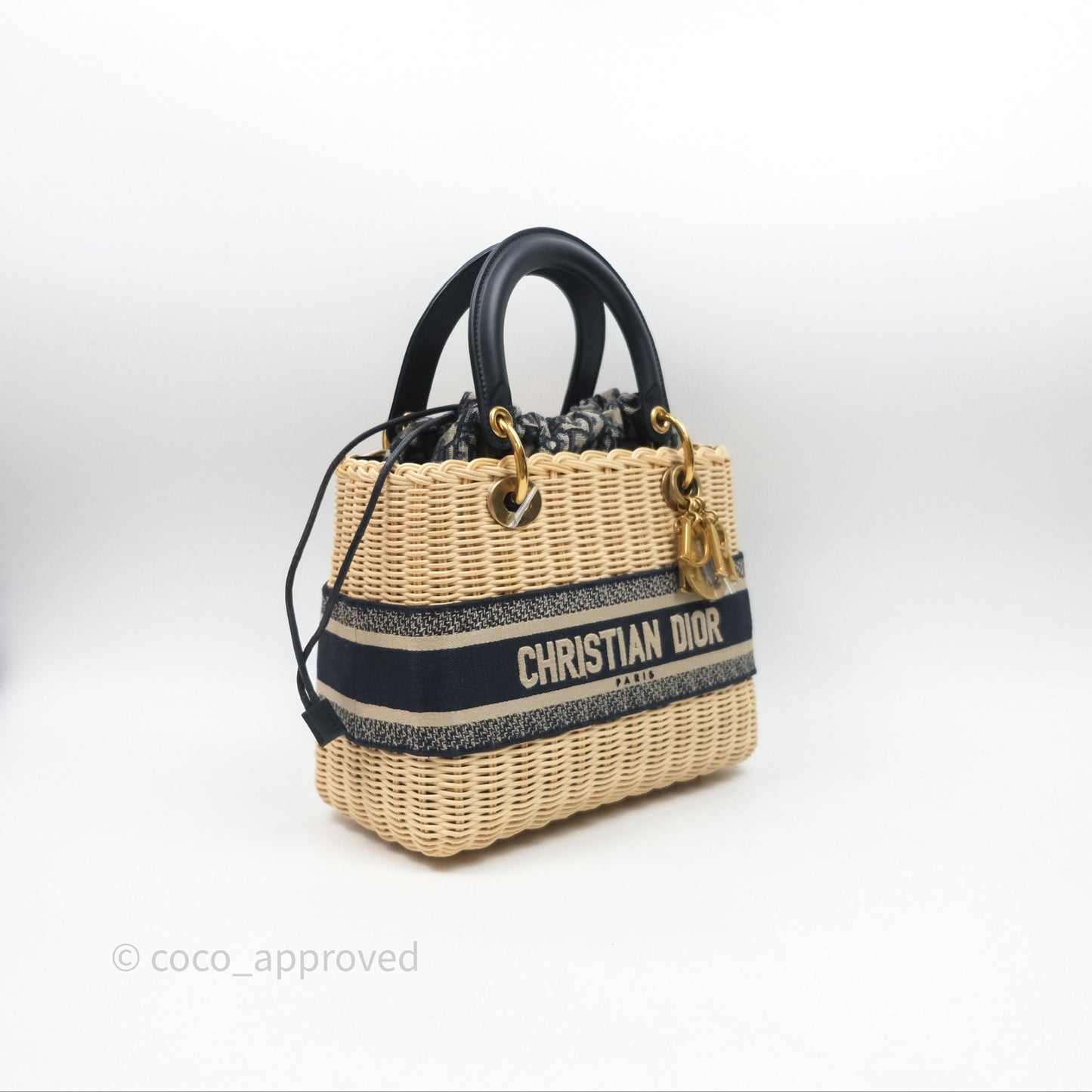 Christian Dior Medium Lady Dior Natural Rattan and Blue Dior Oblique Jacquard