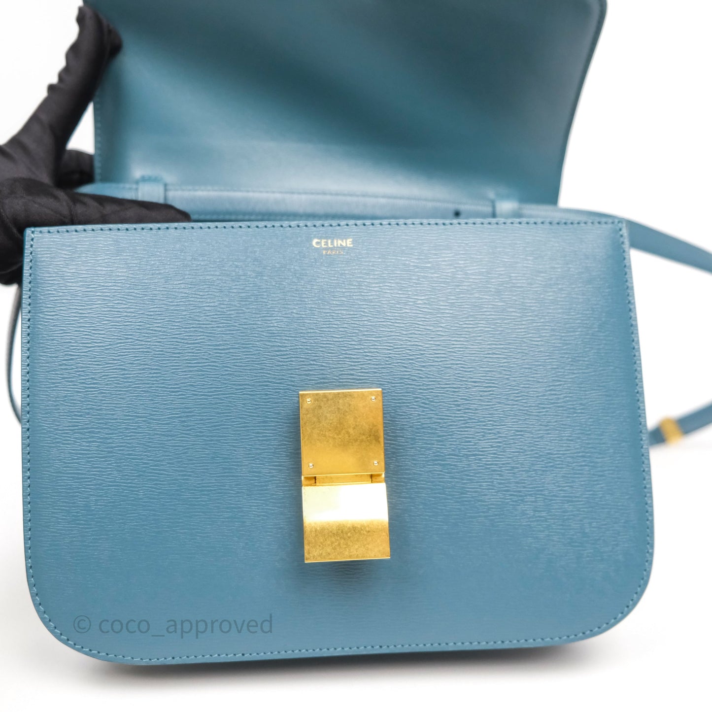 Celine Medium Classic Box Flap Blue Green Calfskin Gold Hardware