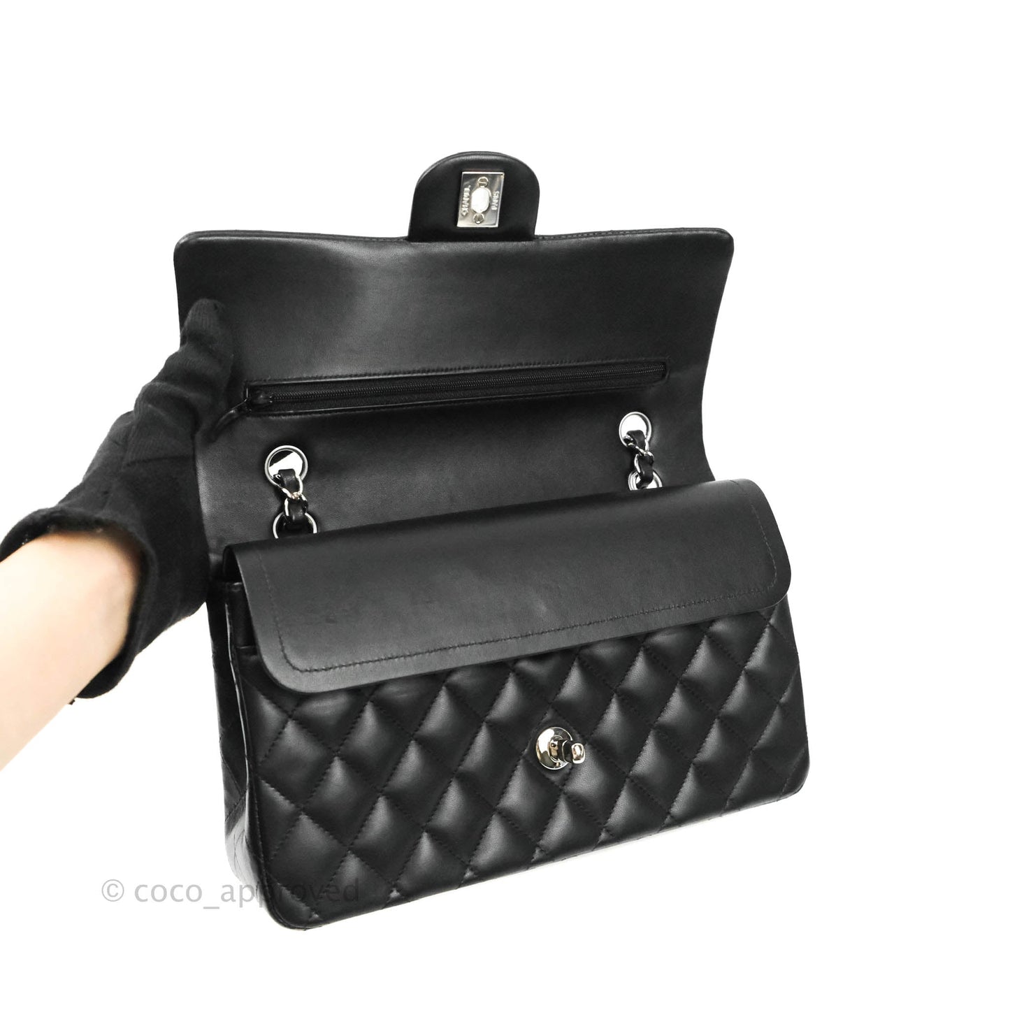 Chanel Classic M/L Medium Double Flap Black Lambskin Silver Hardware
