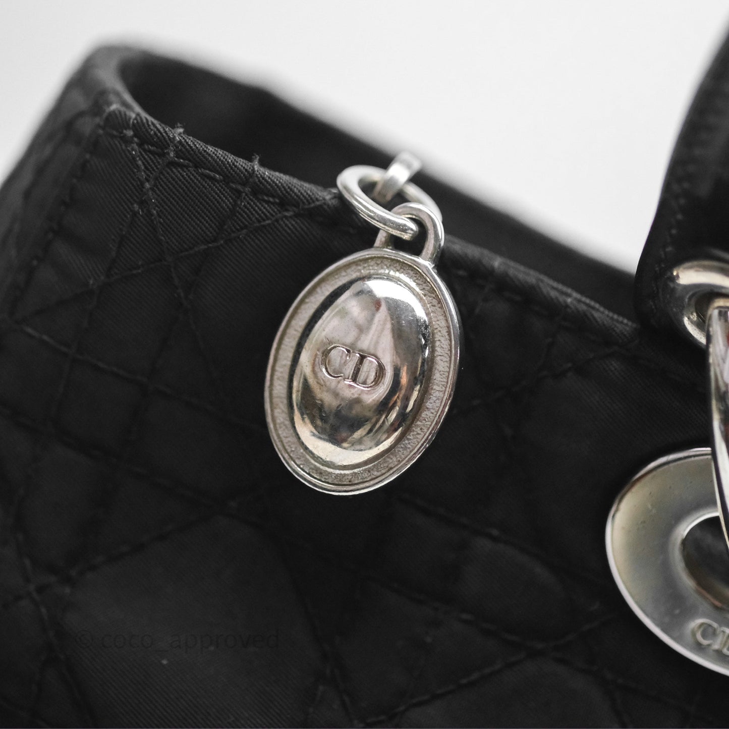 Christian Dior Vintage Large Lady Dior Cannage Fabric Black Silver Hardware