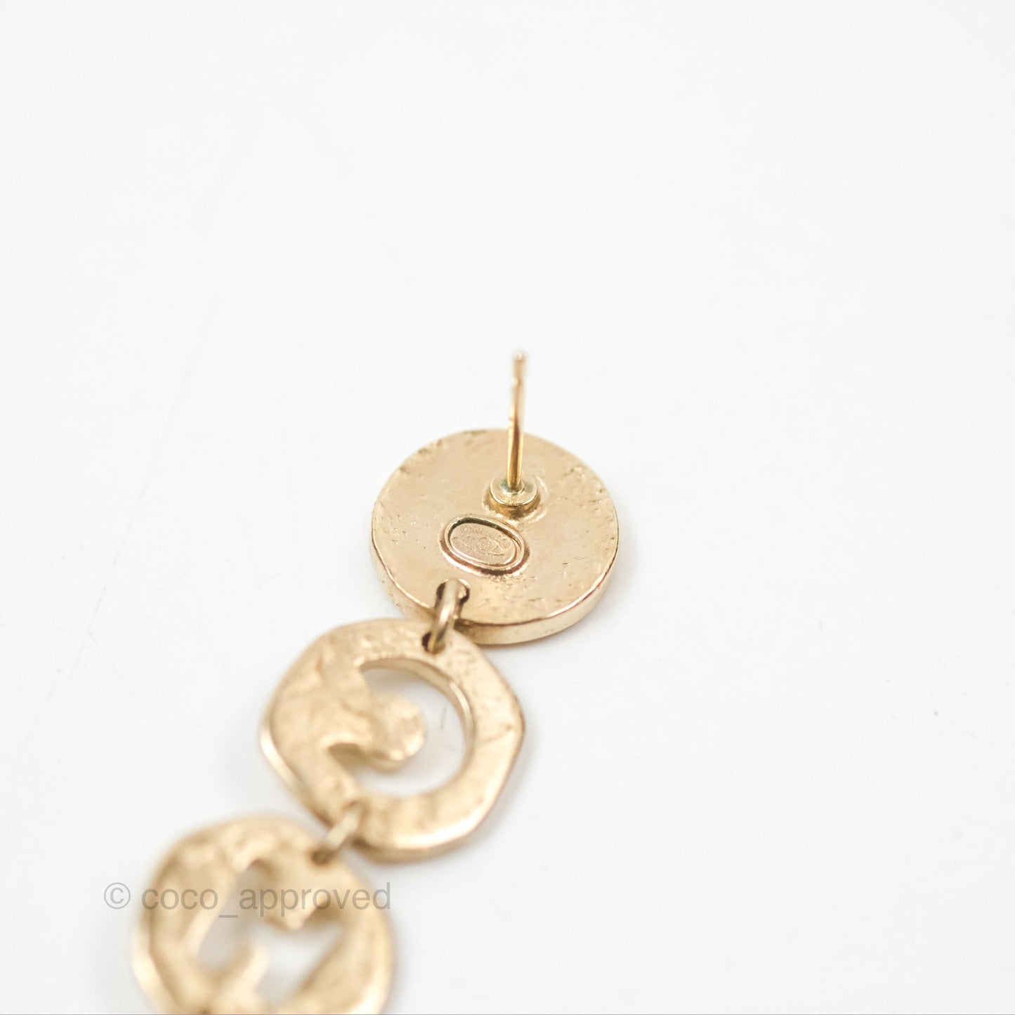 Chanel CC Coco Pearl Round Chain Long Earrings Gold Tone 19A
