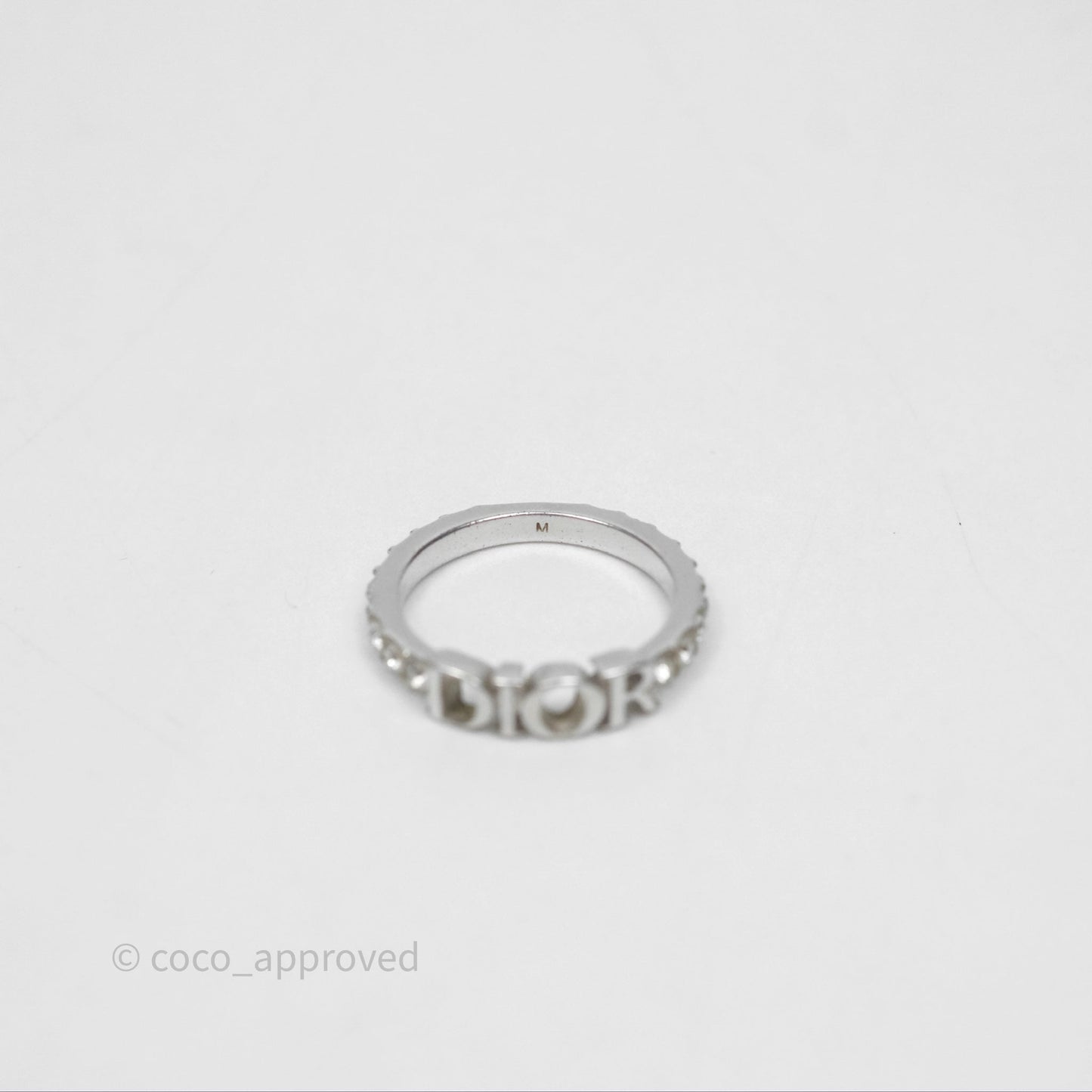 Christian Dior Crystal Logo Ring Silver Tone Size M