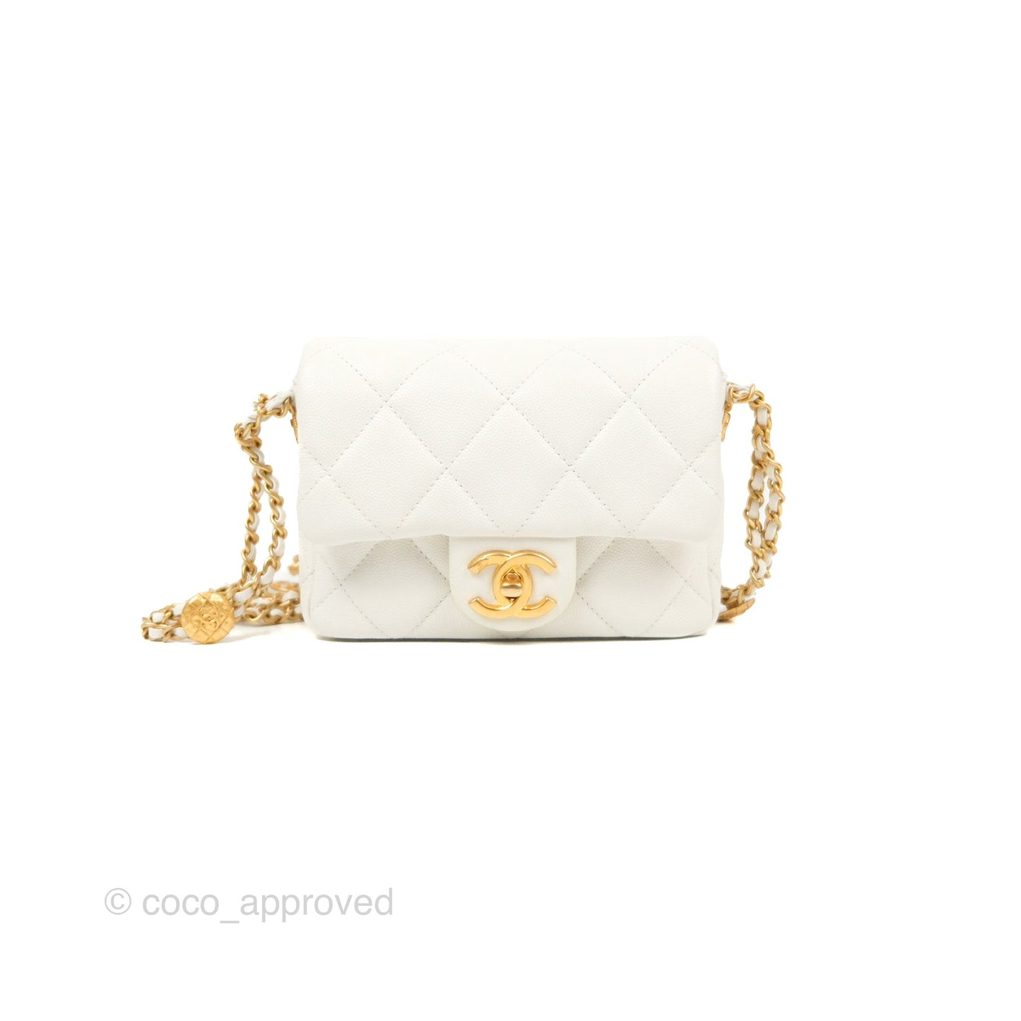 Chanel Mini Flap with Coin Charm White Caviar Aged Gold Hardware 22A