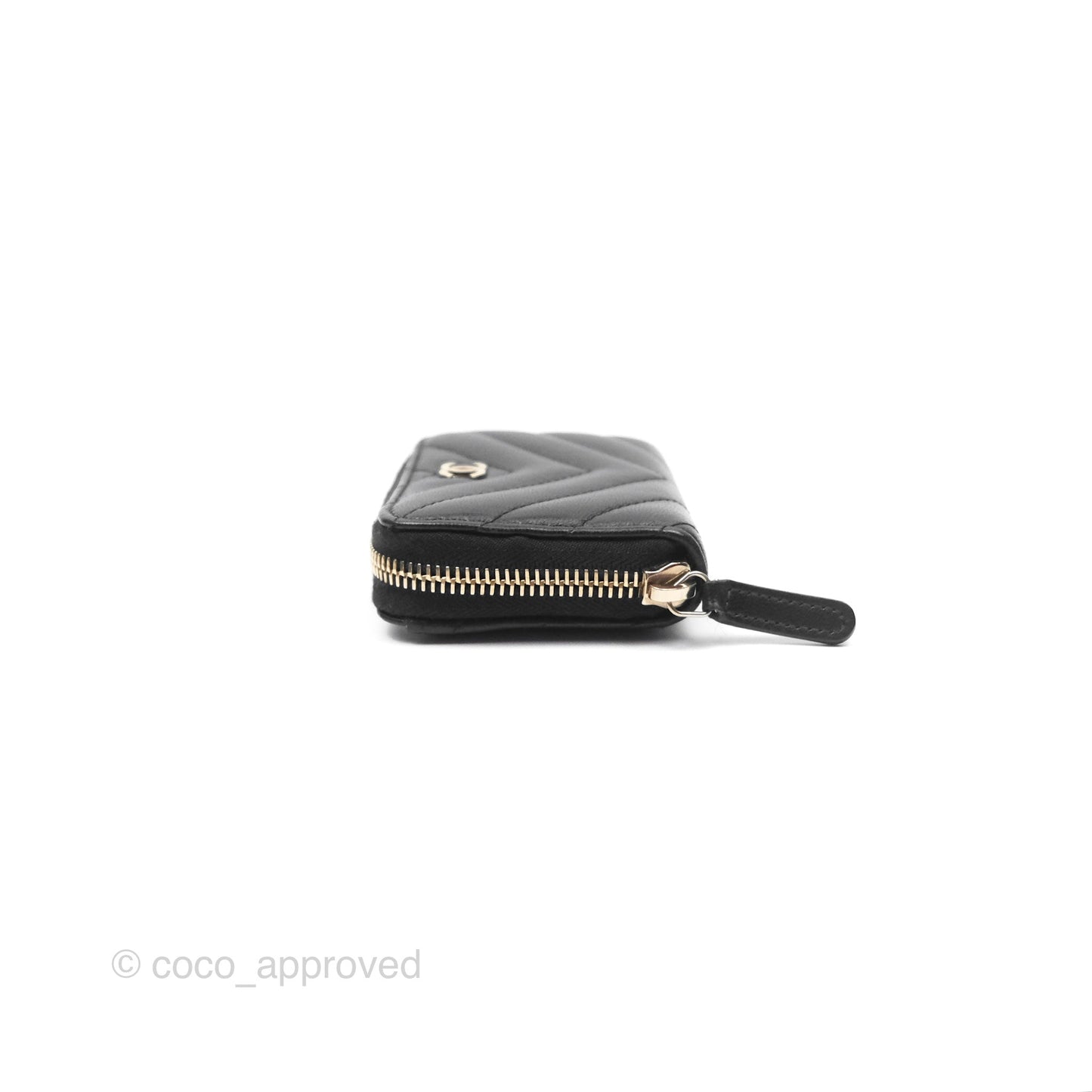Chanel Chevron Zipped Coin Purse Black Lambskin Gold Hardware