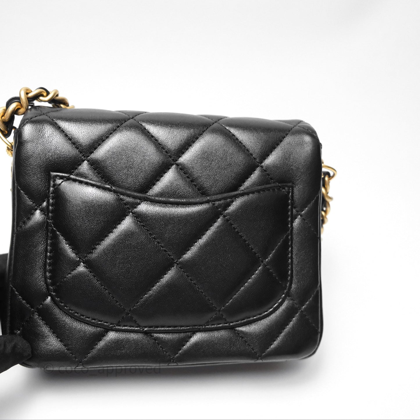 Chanel Logo Mini Square Flap Bag Black Lambskin Aged Gold Hardware 21B