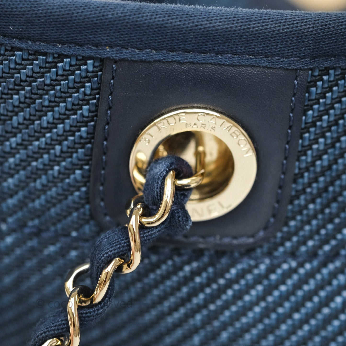 Chanel Medium Deauville Tote Navy Raffia Gold Hardware