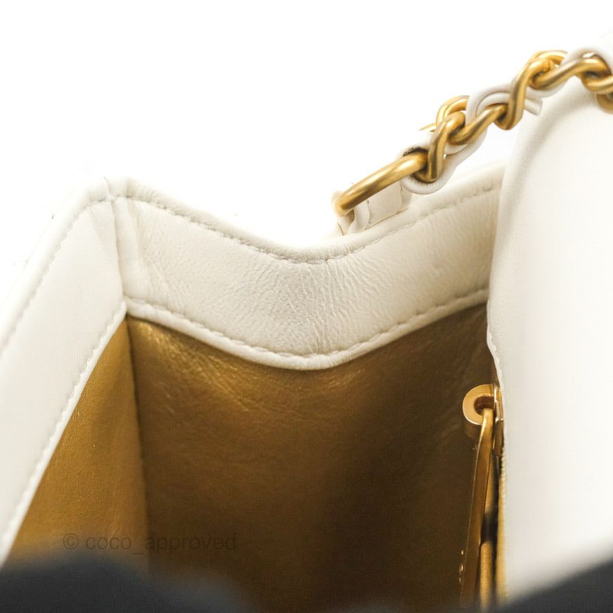 Chanel Mini Square Pearl Crush Quilted White Lambskin Aged Gold Hardware