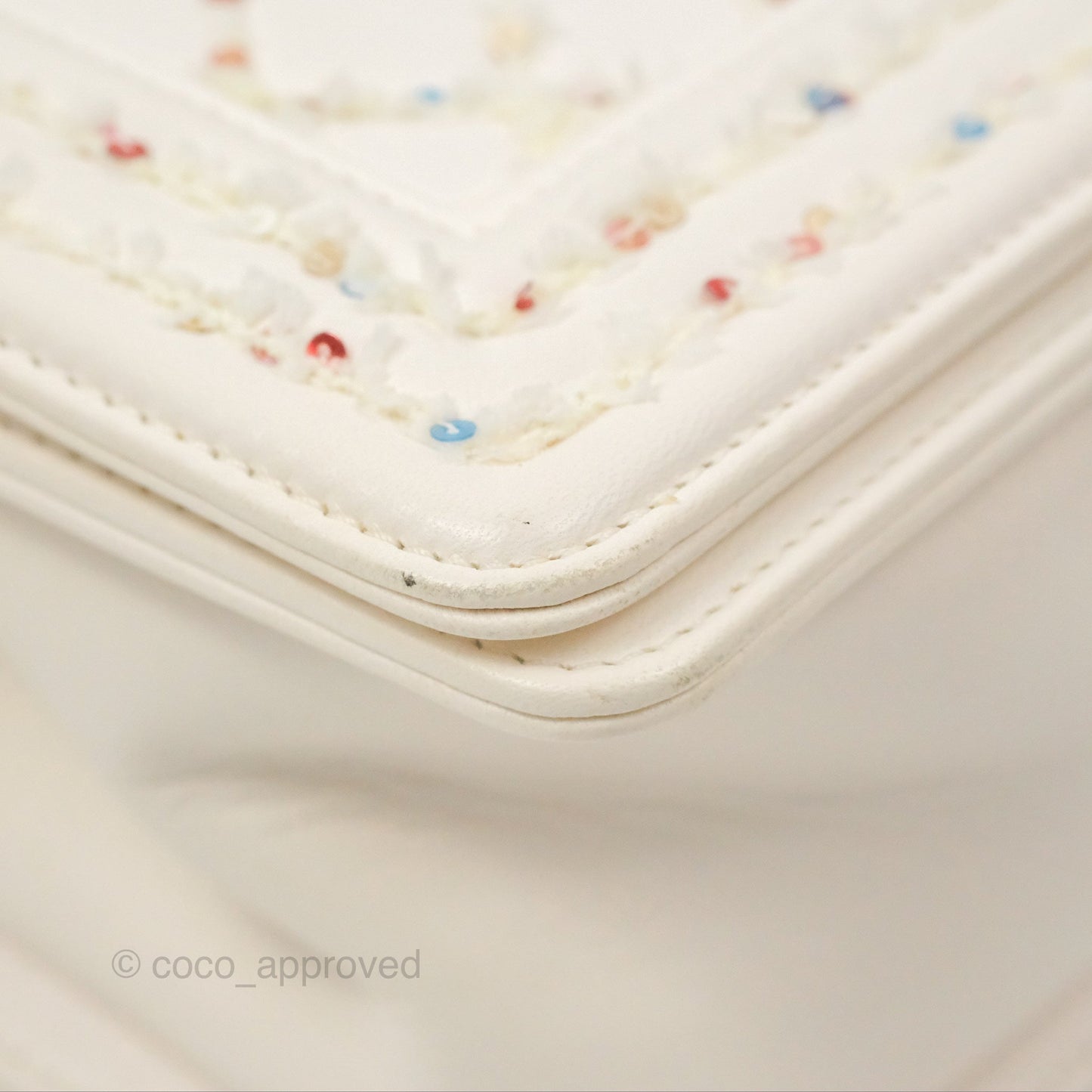 Chanel Medium Boy Sequins Quilted White Lambskin Silver Hardware