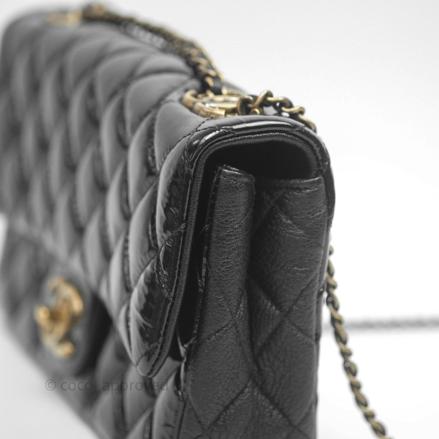 Chanel Quilted Medium Eyelet Flap Bag Black Patent Aged Gold Hardware