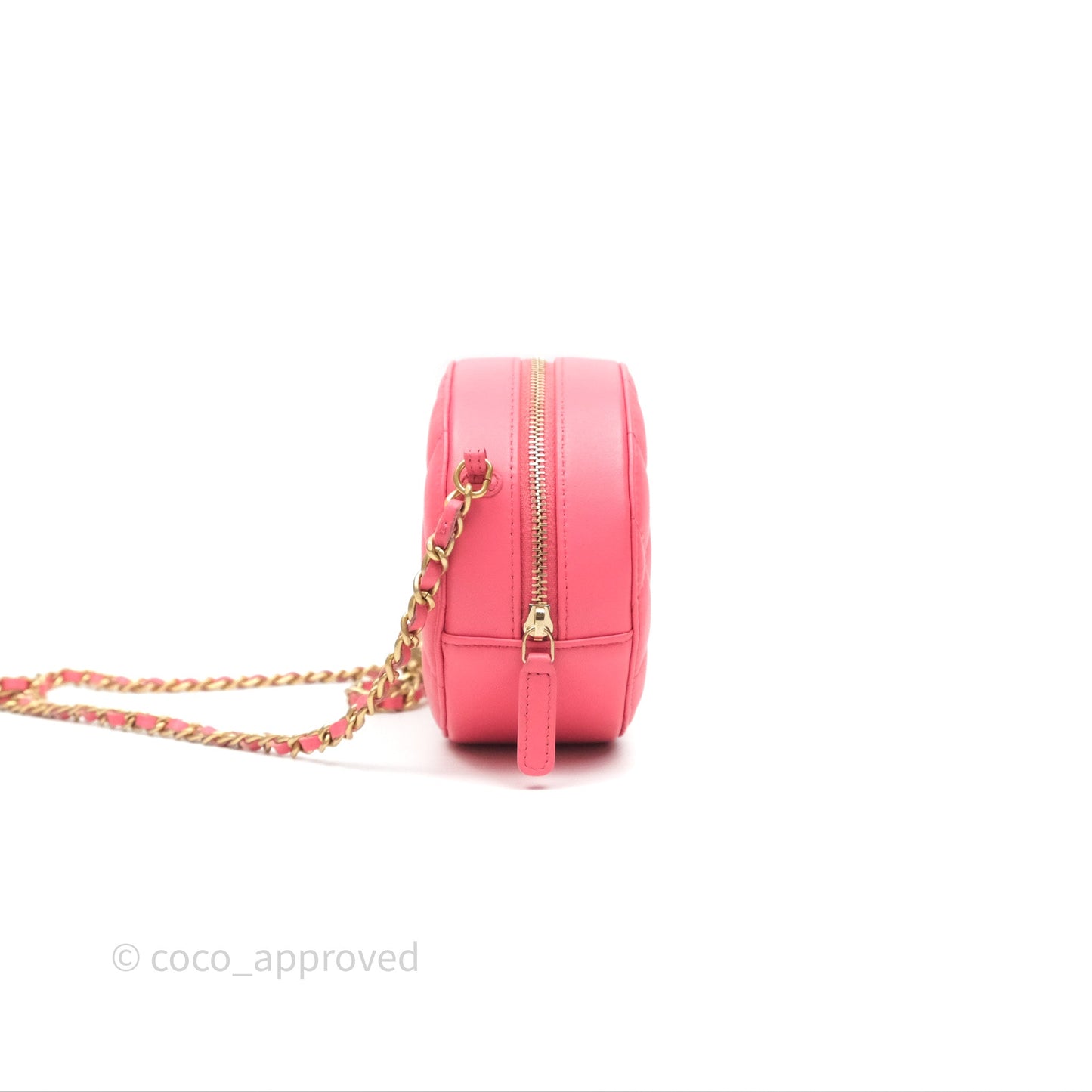Chanel Quilted Pearl Crush Round Clutch With Chain Pink Lambskin Aged Gold Hardware