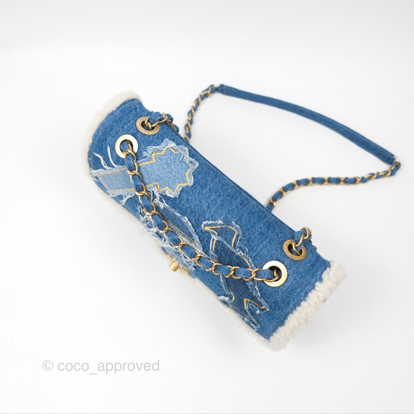 Chanel Medium Denim Shearling Hieroglyph Flap Bag Aged Gold Hardware