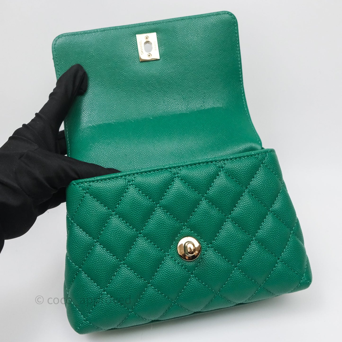 Chanel Mini Coco Handle Quilted Green Caviar Gold Hardware
