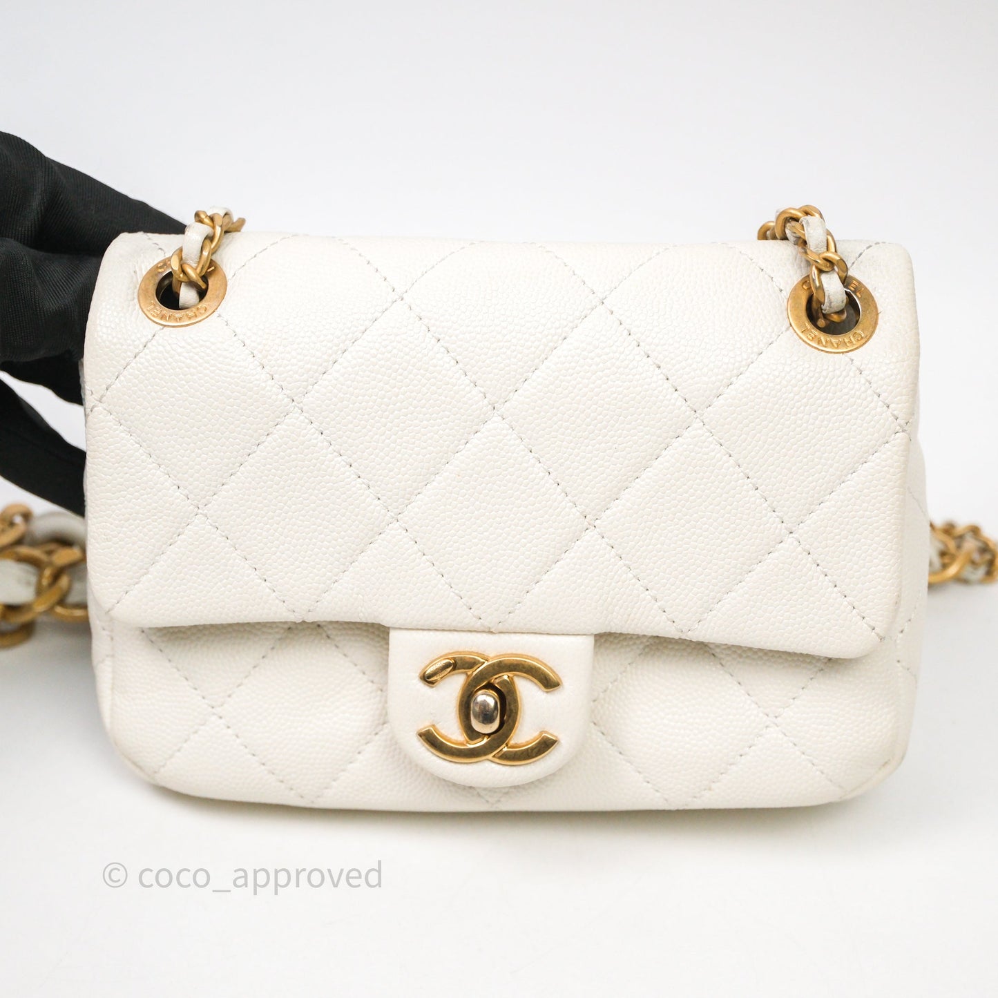 Chanel Mini Flap White Caviar Bag Double Chain Gold Hardware