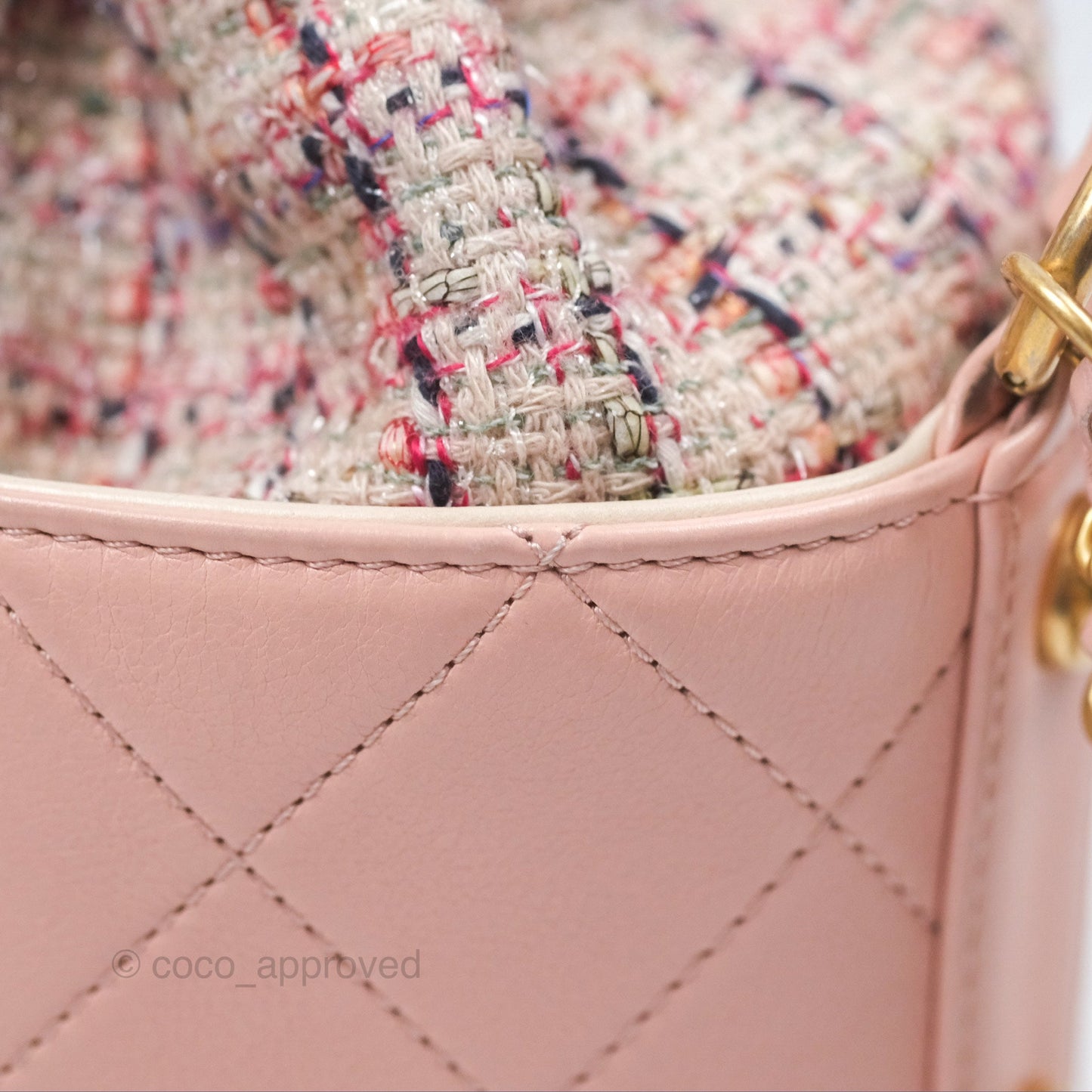 Chanel Quilted Top Handle Drawstring Bucket Bag Calfskin Tweed Pink Aged Gold Hardware
