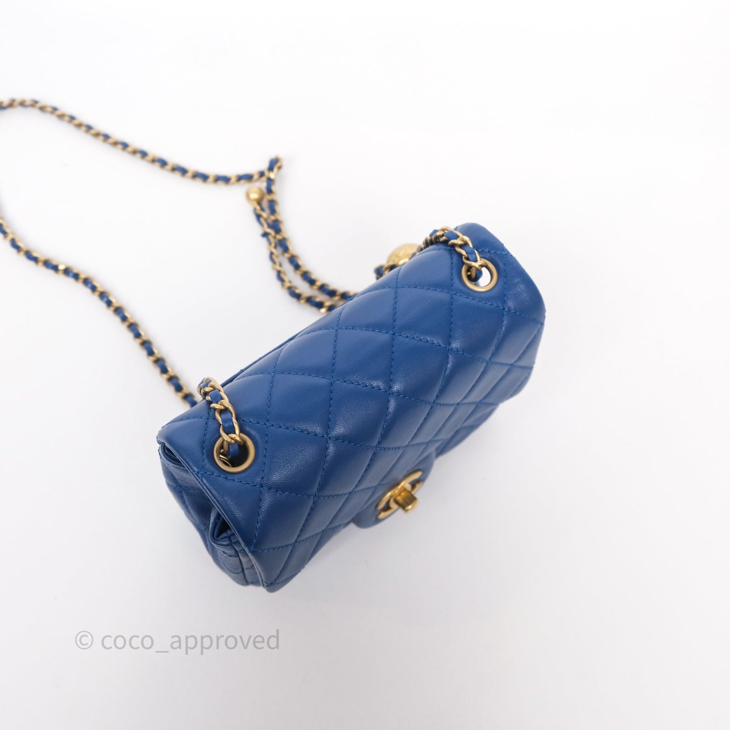 Chanel Pearl Crush Mini Square Quilted Blue Lambskin Aged Gold Hardware