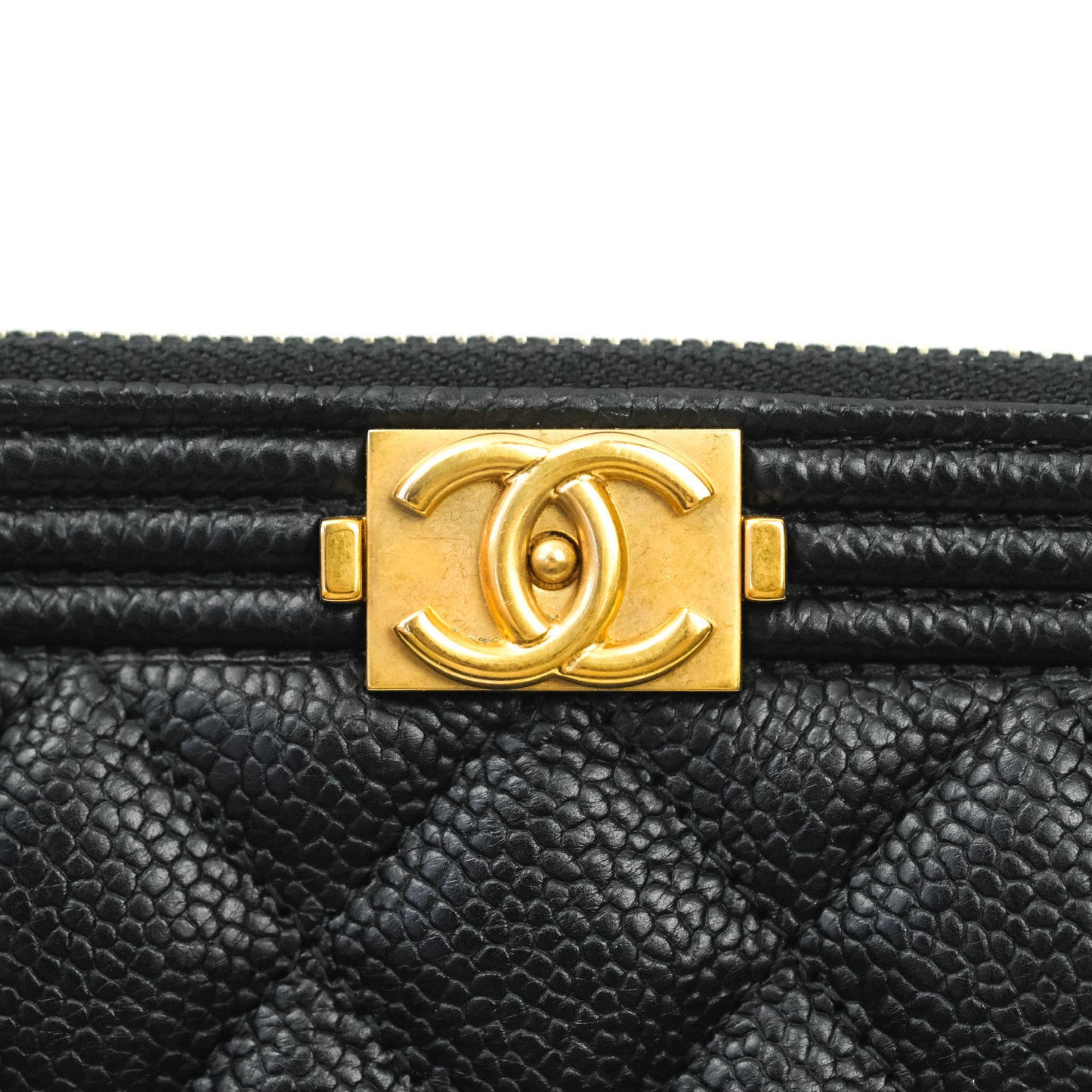Chanel Le Boy Double Zip Wallet On Chain Caviar Black Aged Gold Hardware