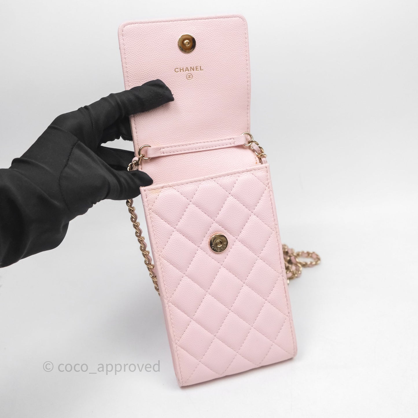Chanel Quilted Crystal CC Pink Caviar Airpods Phone Case With Chain Light Gold Hardware