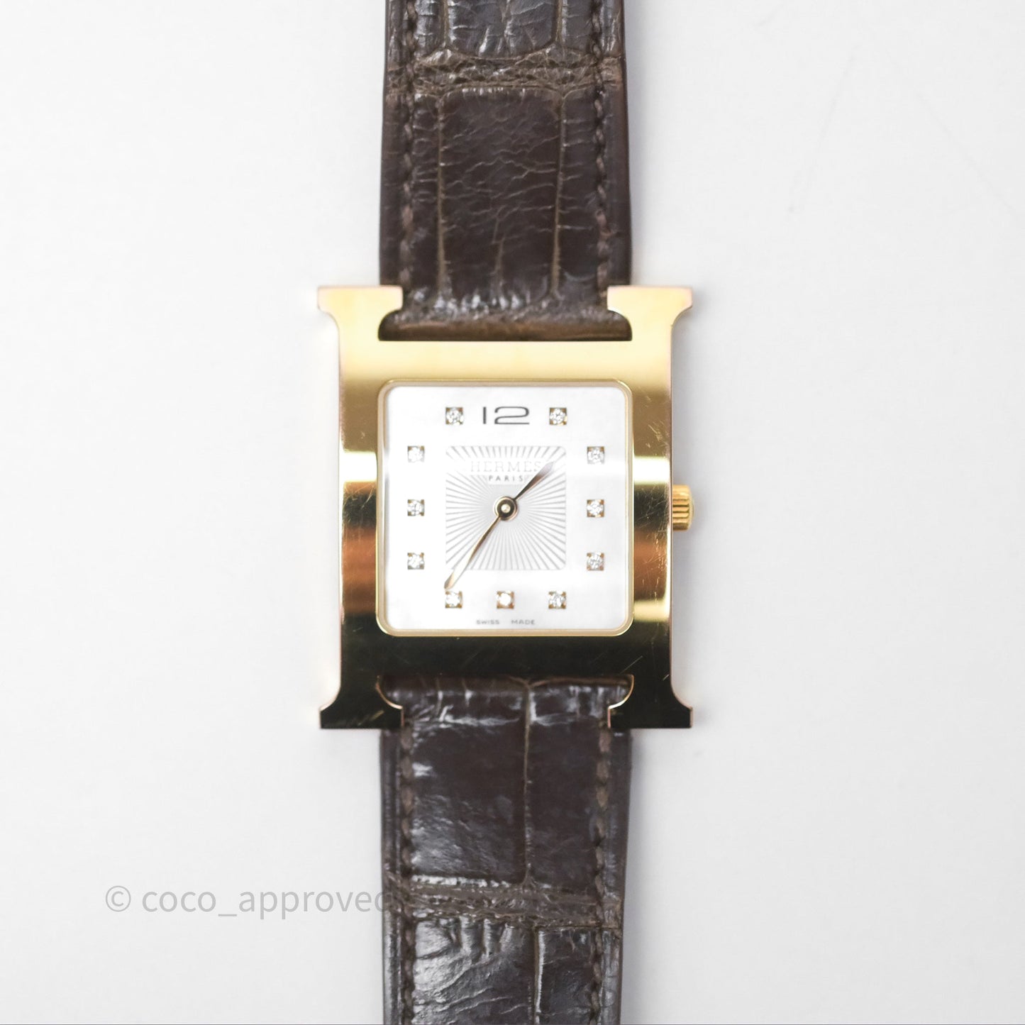 Hermès Heure H MM Watch Barenia Noir Alligator Gold Hardware