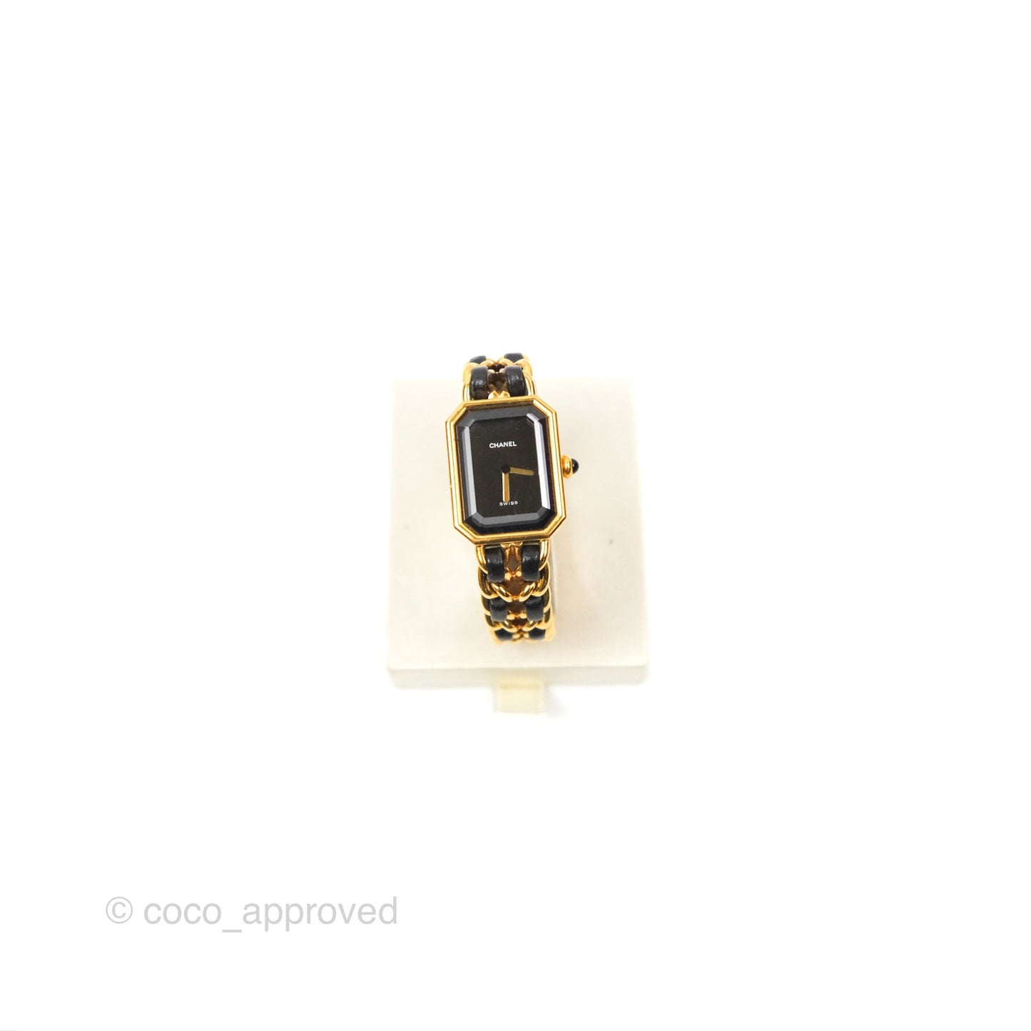 Chanel Vintage Première Watch Black Leather Gold Plated Size S