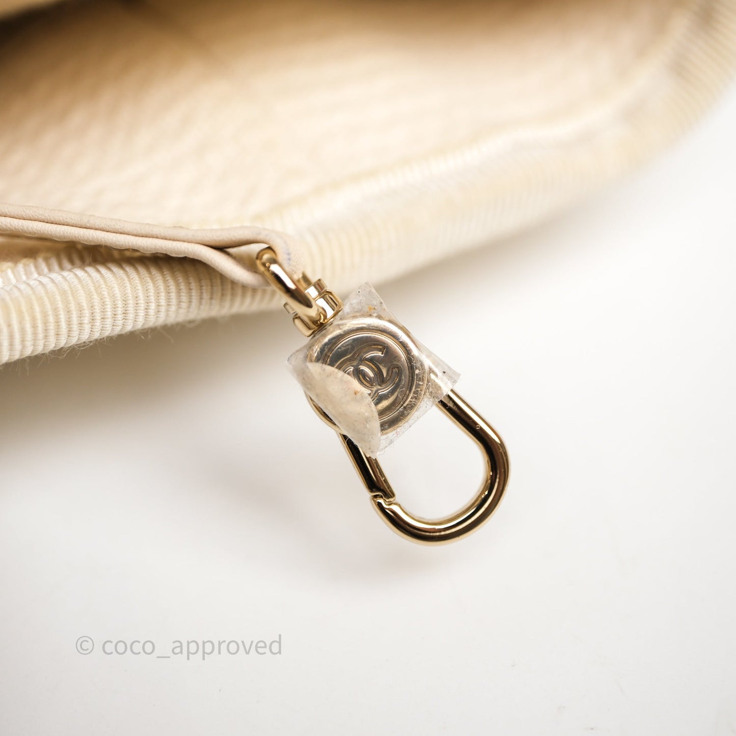 Chanel New Small Deauville Cream Ivory Canvas Light Gold Hardware