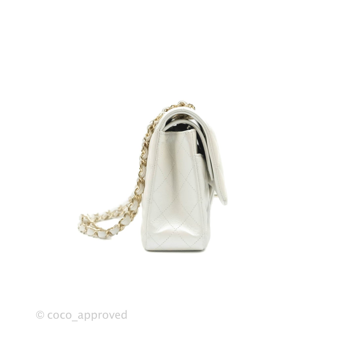 Chanel Classic M/L Medium Double Flap Iridescent White Lambskin Gold Hardware