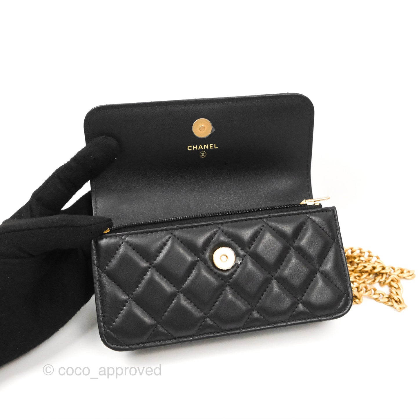 Chanel Mini WOC Phone Holder with Camellia Adjustable Chain Black Lambskin