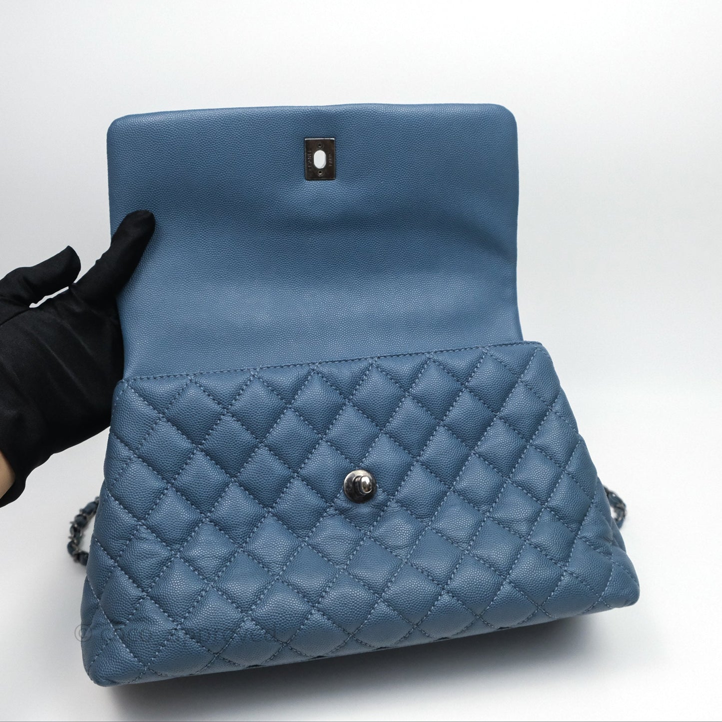 Chanel Medium Coco Handle Quilted Aged Caviar Dark Blue Ruthenium Hardware