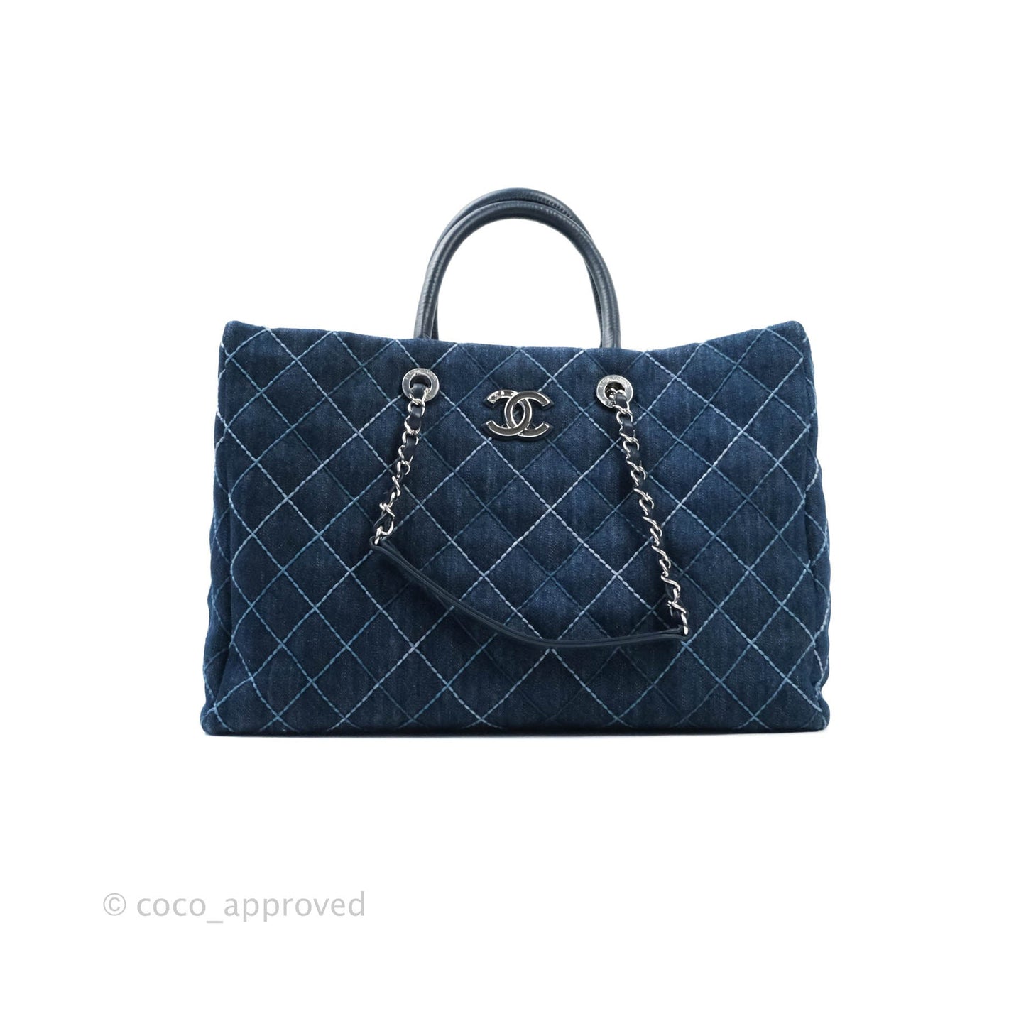 Chanel Quilted Large Coco Handle Shopping Tote Denim Silver Hardware