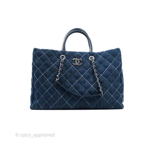 Chanel Quilted Large Coco Handle Shopping Tote Denim Silver Hardware