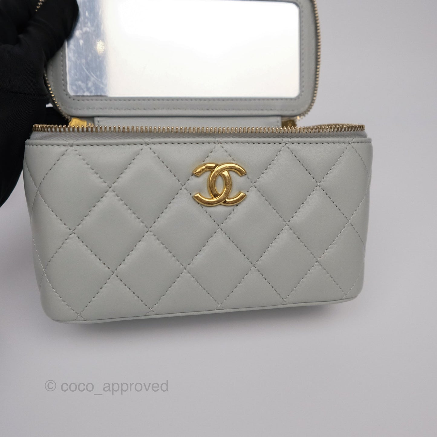 Chanel Quilted Vanity Rectangular with Chain Grey Blue Lambskin Gold Hardware