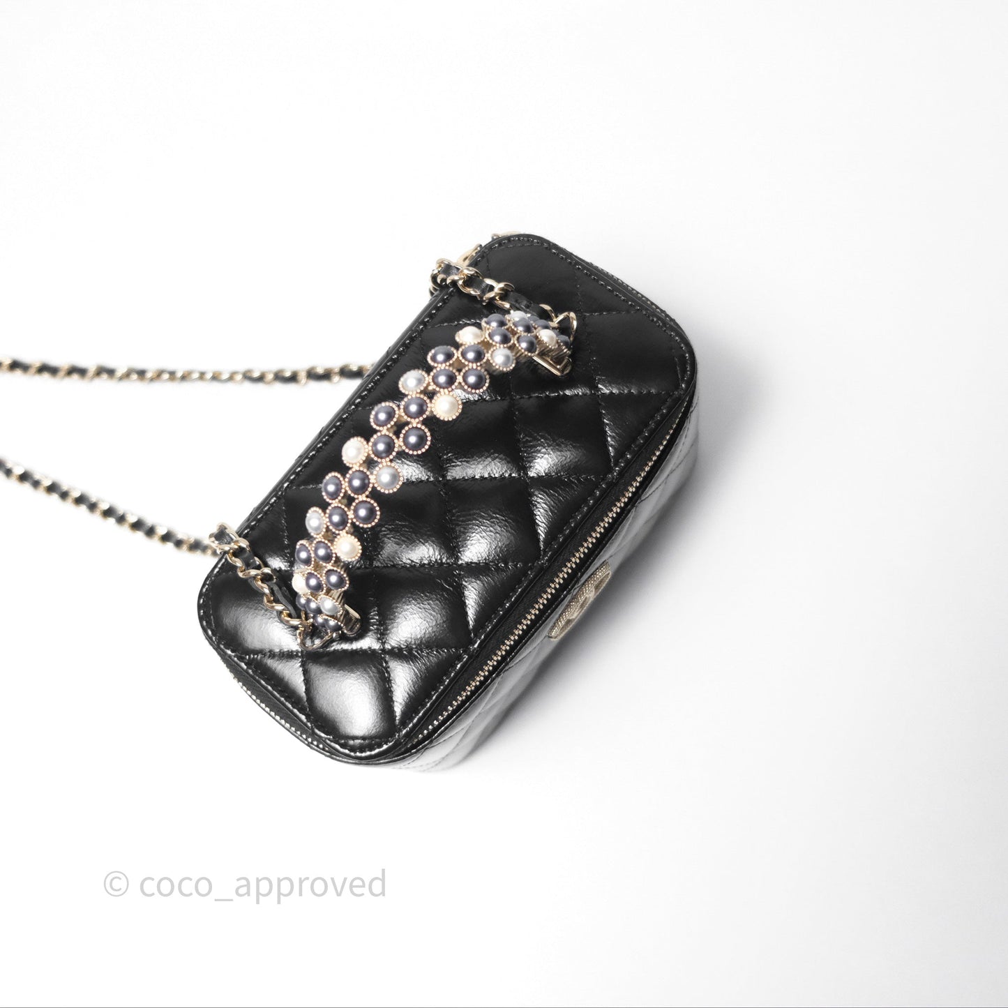 Chanel Vanity Rectangular Top Handle Black Shiny Lambskin Gold Hardware 24P