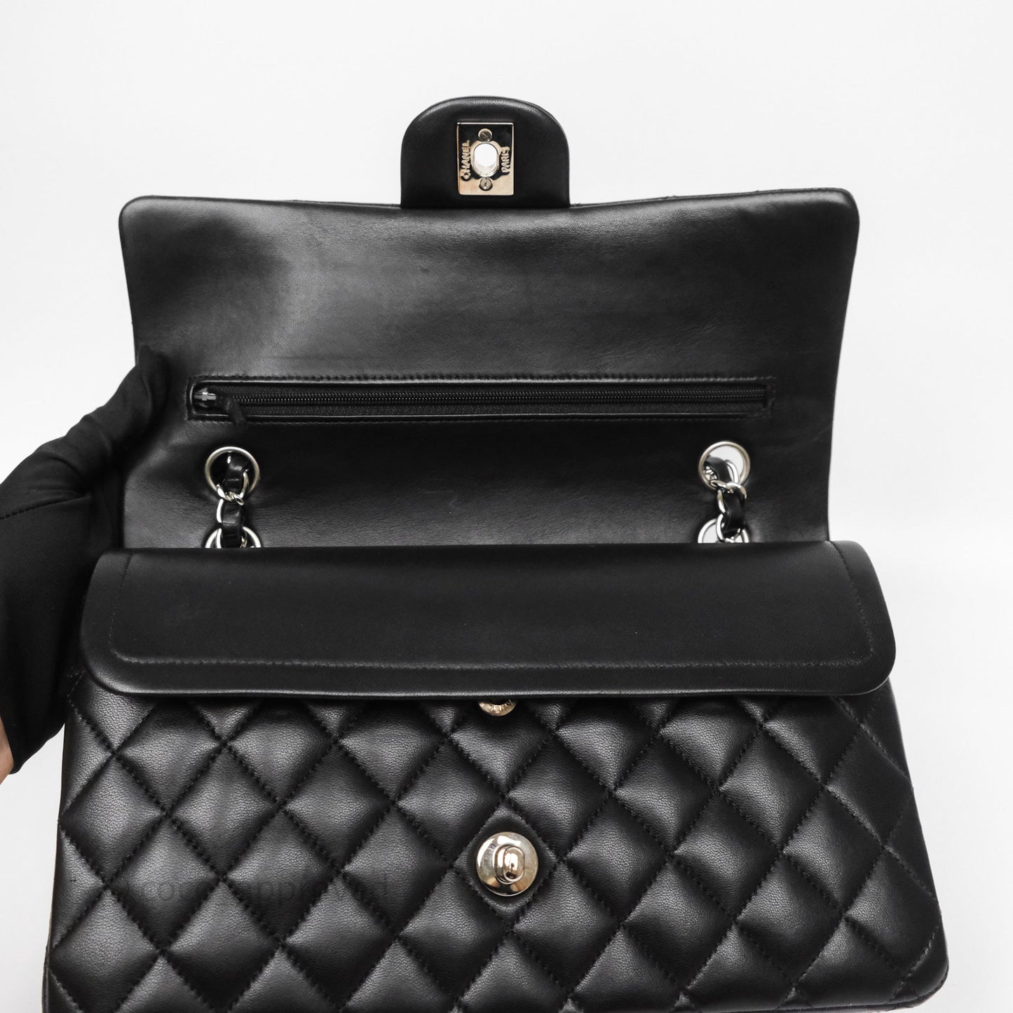 Chanel Classic M/L Medium Flap Quilted Black Lambskin Silver Hardware