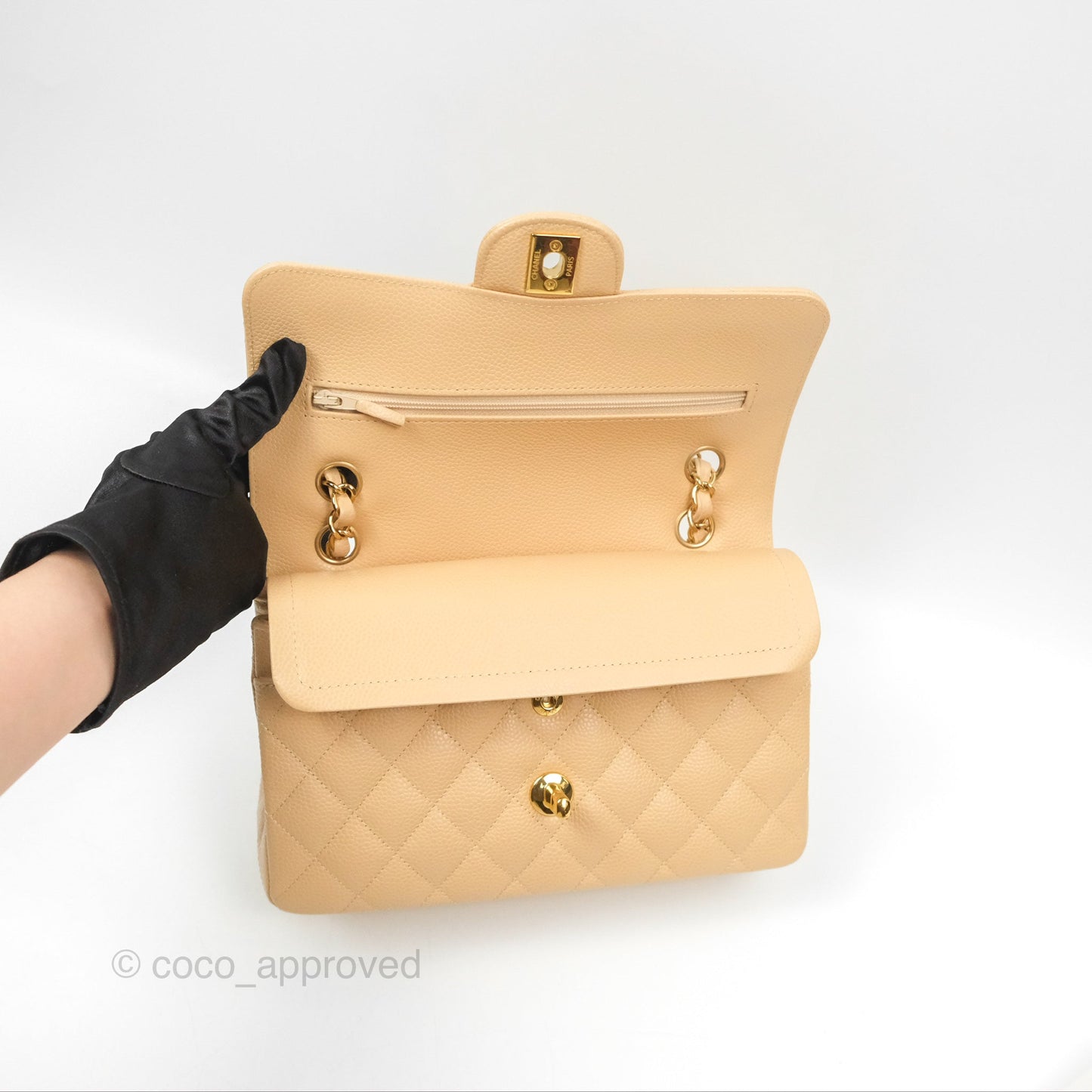 Chanel Small Quilted Classic Flap Beige Caviar Gold Hardware