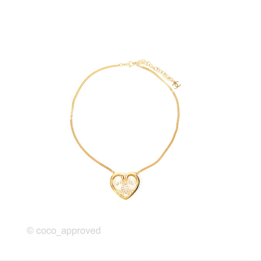 Chanel Heart CC Crystal Necklace Gold Tone 23C