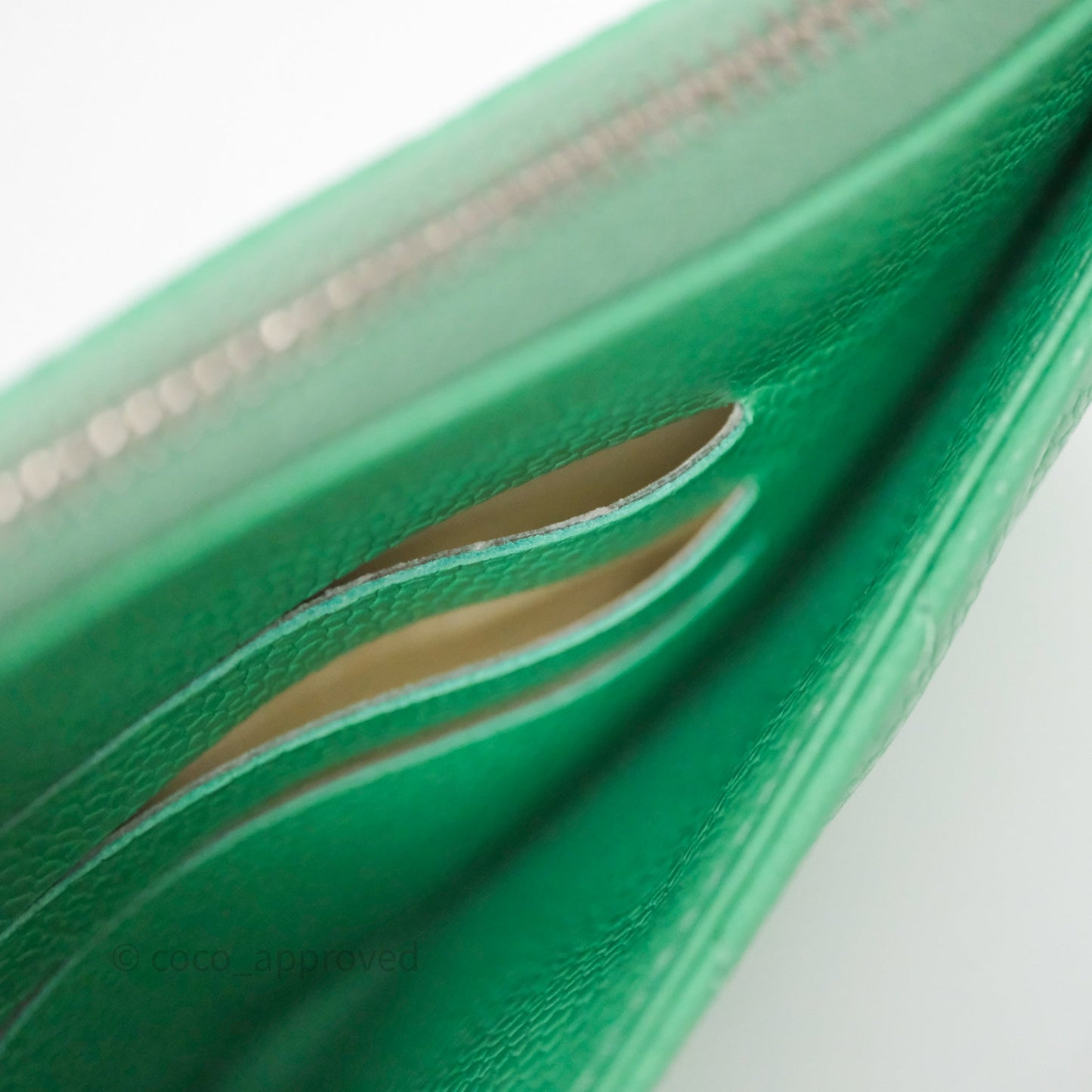 Chanel Long Zip Chevron Green Wallet Silver Hardware