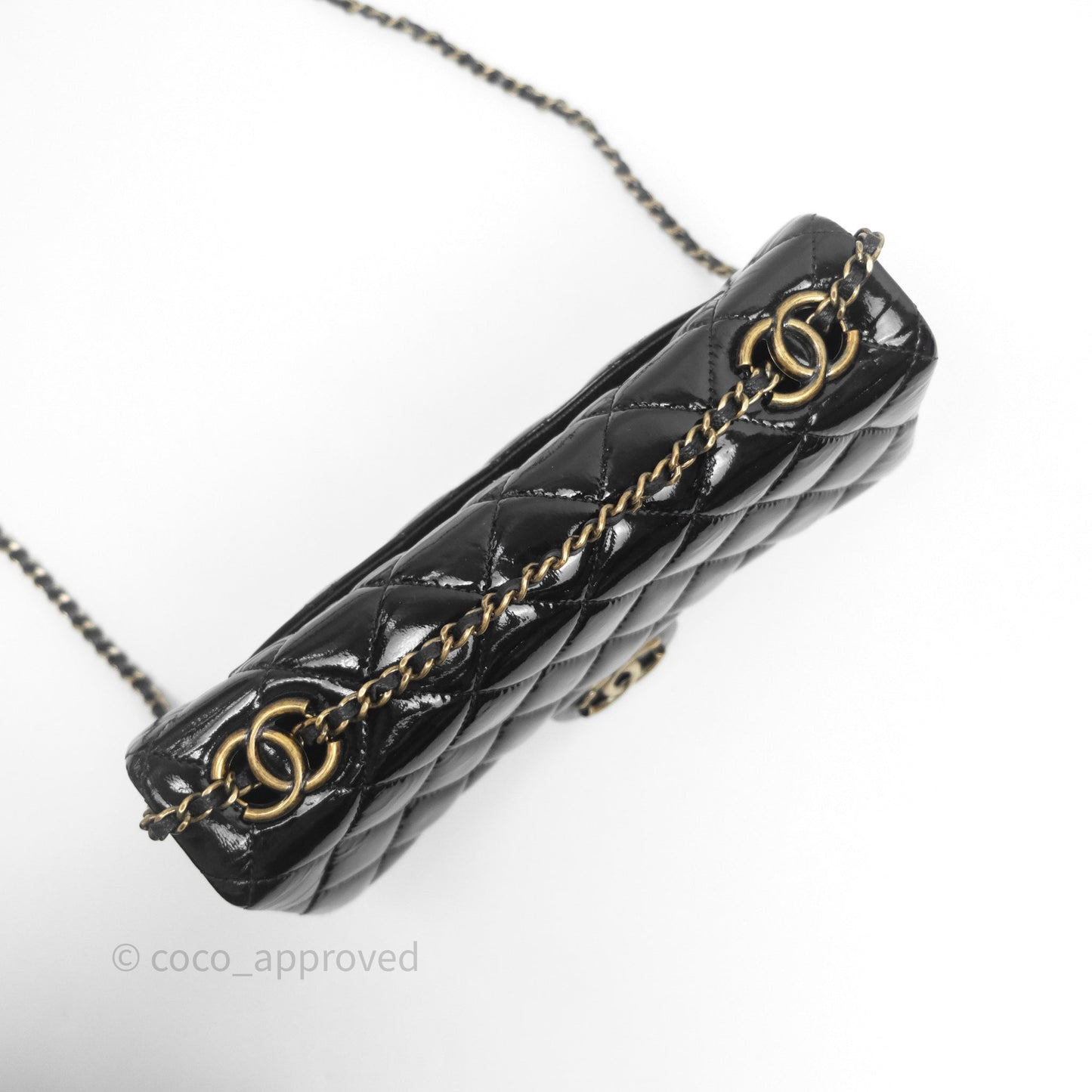 Chanel Quilted Medium Eyelet Flap Bag Black Patent Aged Gold Hardware