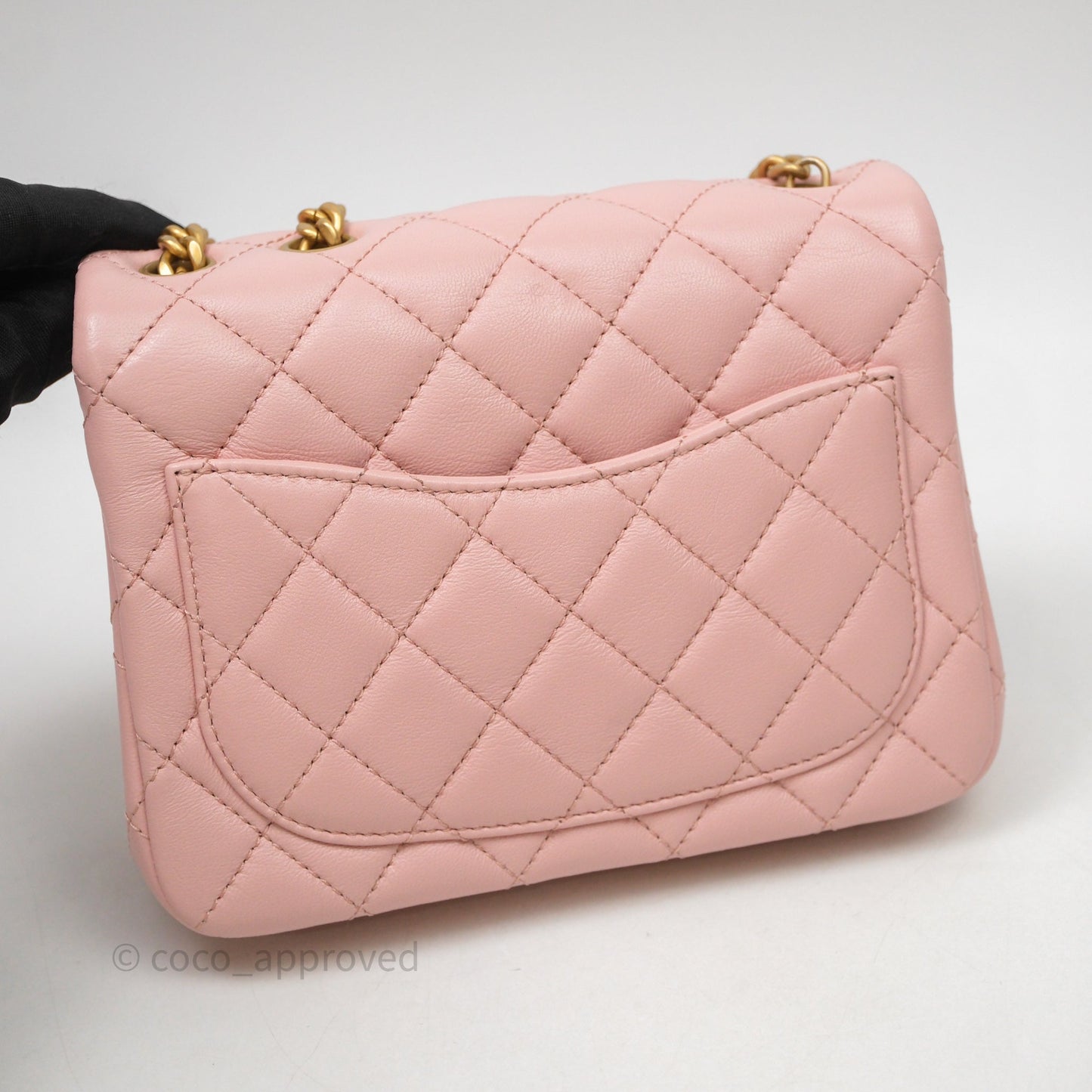 Chanel Quilted Mini Square Flap with Camellia Adjustable Chain Pink Clair Lambskin