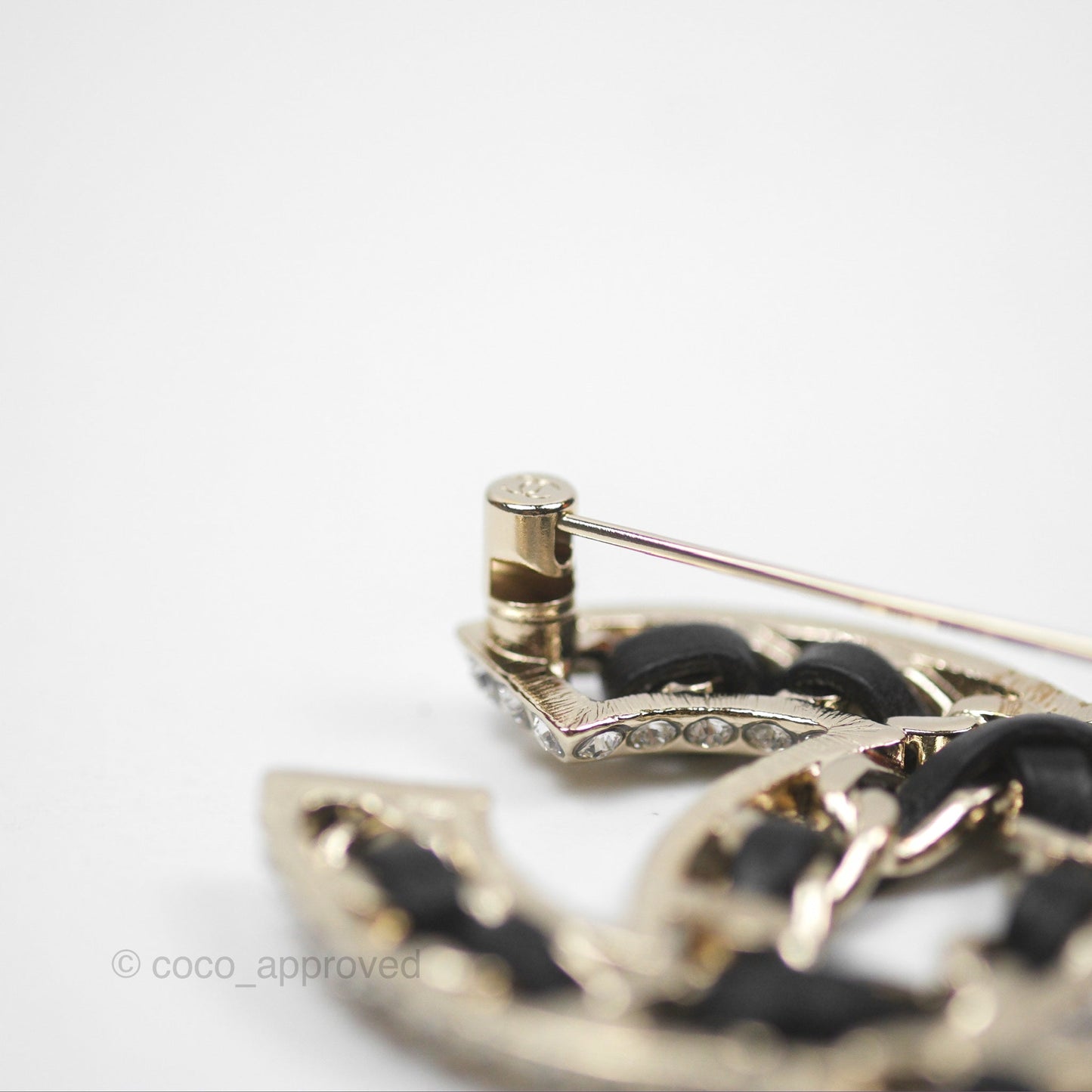 Chanel CC Crystal Braided Leather Black Brooch Gold Tone 24V