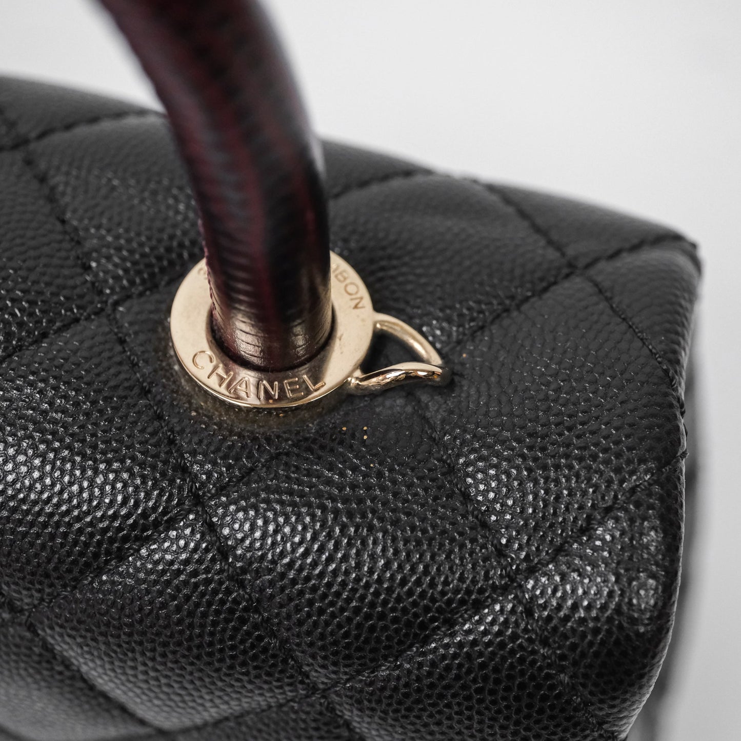 Chanel Small Coco Handle Quilted Black Caviar Aged Gold Hardware Lizard Handle