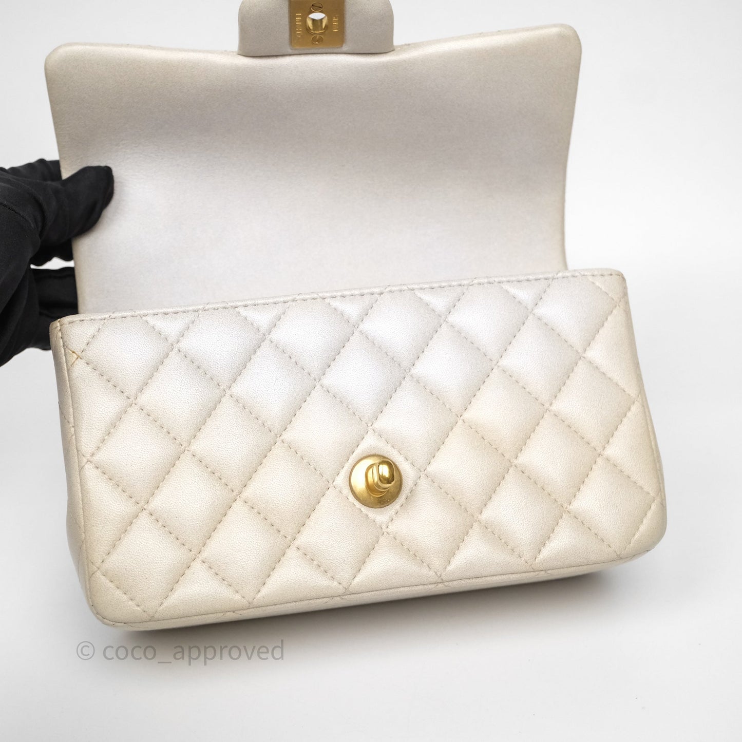 Chanel Top Handle Mini Rectangular Flap Pearly Beige Oat Lambskin Aged Gold Hardware