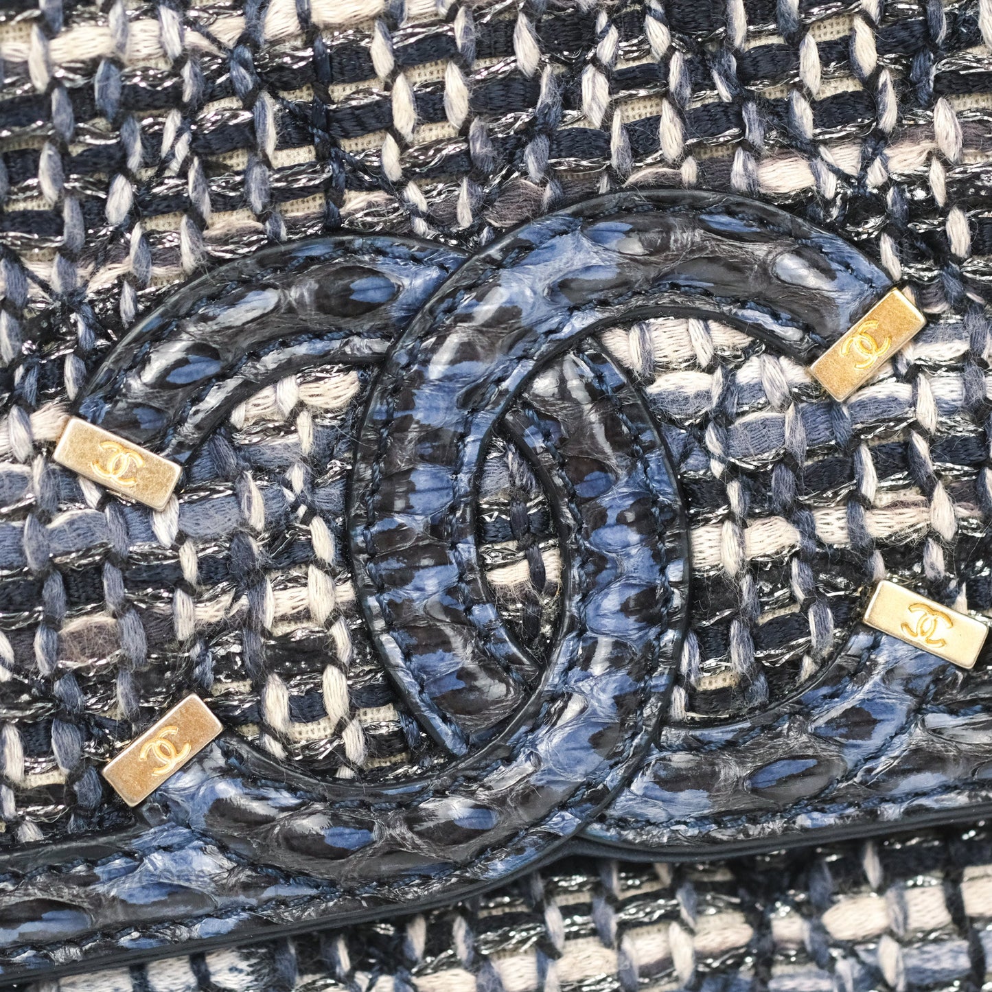 Chanel Quilted Small CC Filigree Flap Navy Tweed Python 18S