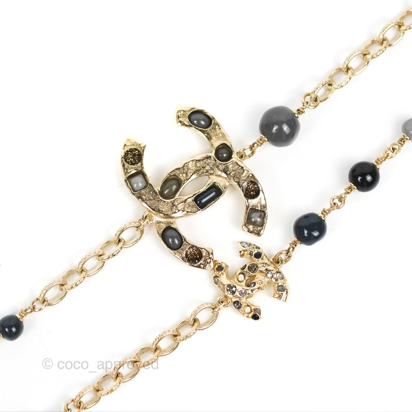 Chanel CC Pearl Gemstone Chain Long Necklace Gold Tone 16A