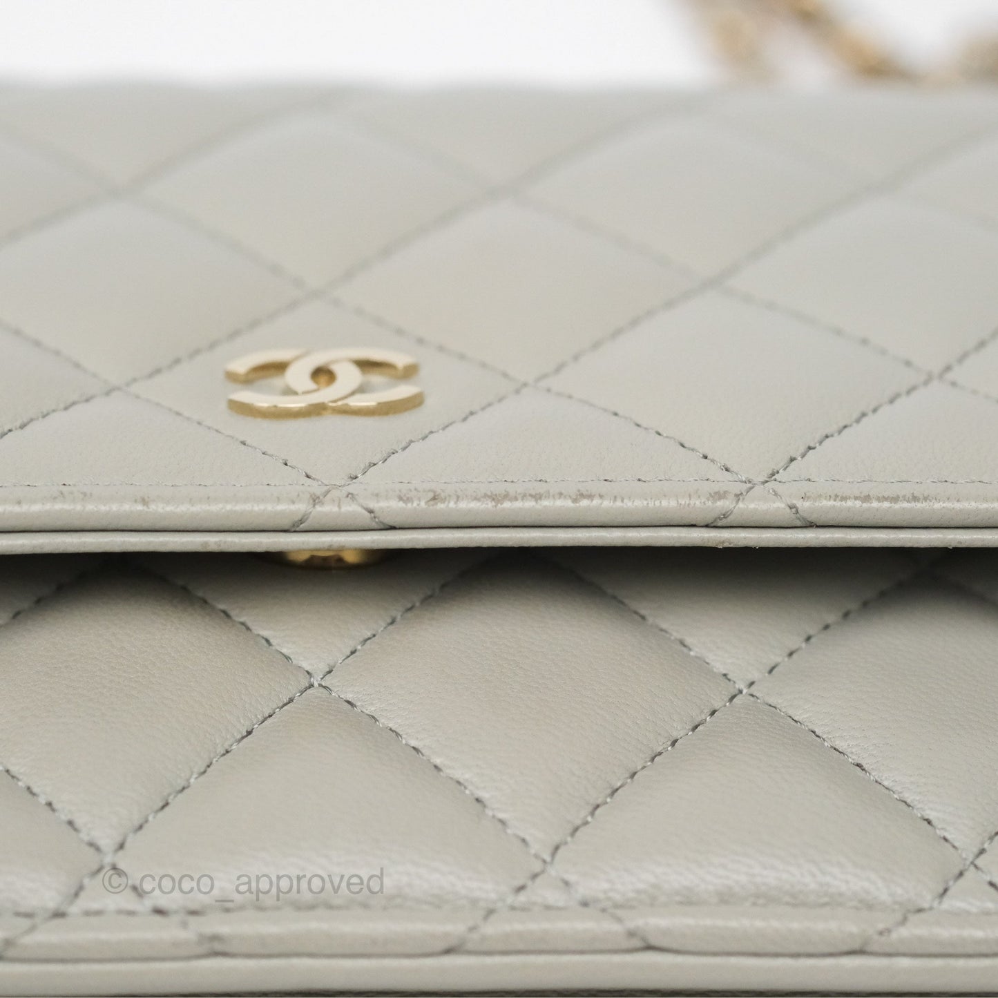 Chanel Classic Quilted Wallet on Chain WOC Light Grey Lambskin Gold Hardware