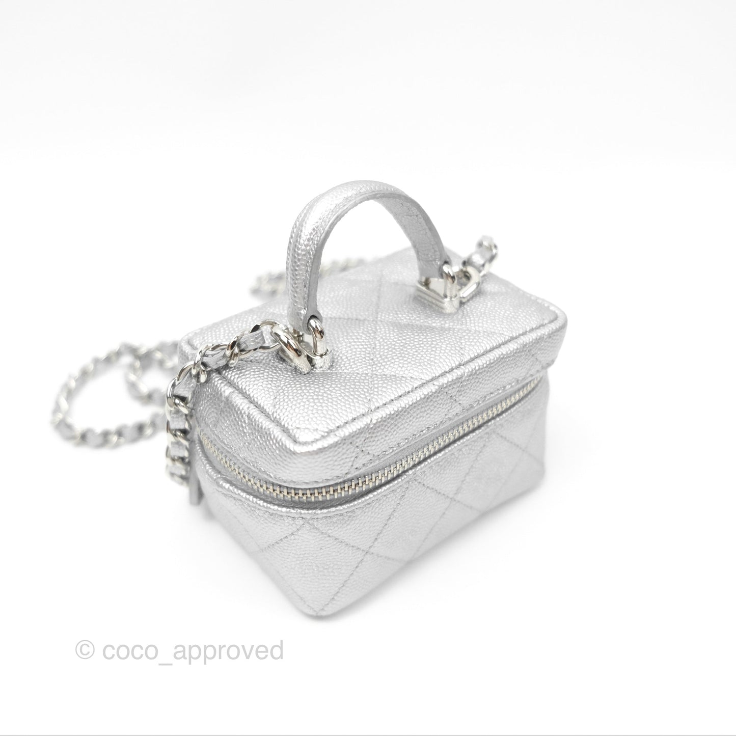 Chanel Quilted Mini Top Handle Vanity With Chain Metallic Silver Caviar Silver Hardware